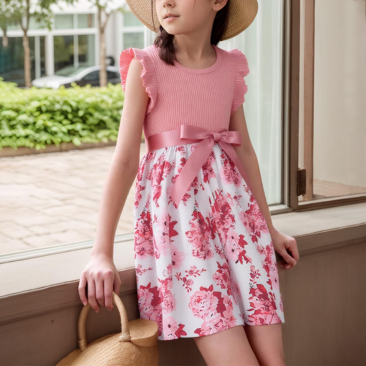 Vestido Princesa Niña Moño Flor Mangas Cortas Patrón Mariposa Fiesta Verano 4-8 años