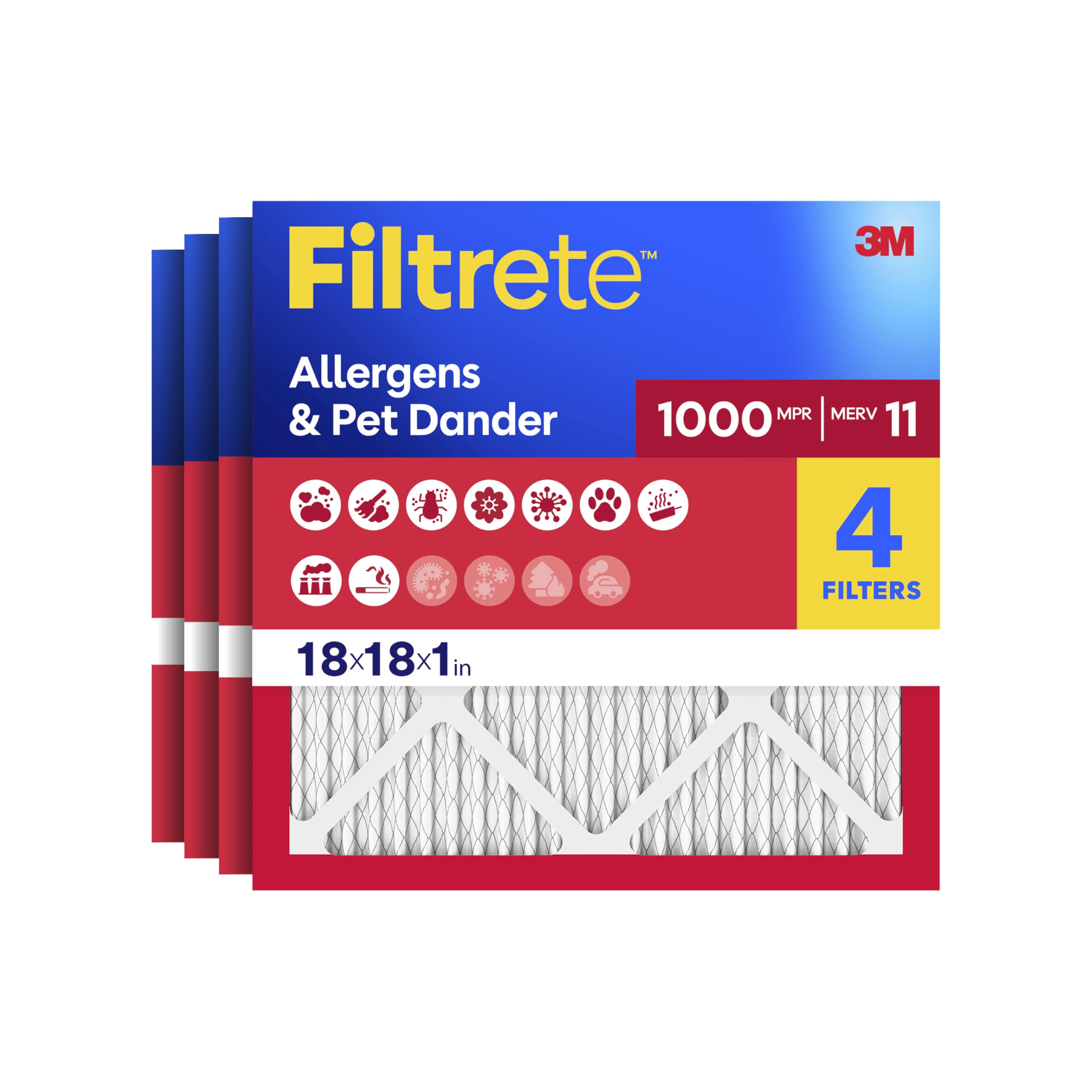 Filtrete 18x18x1 AC Furnace Air Filter, MERV 11, MPR 1000, Micro Allergen Defense, 3-Month Pleated 1-Inch Electrostatic Air Cleaning Filter, 4 Pack (Actual Size 17.81 x 17.81 x 0.81 in) — image 1