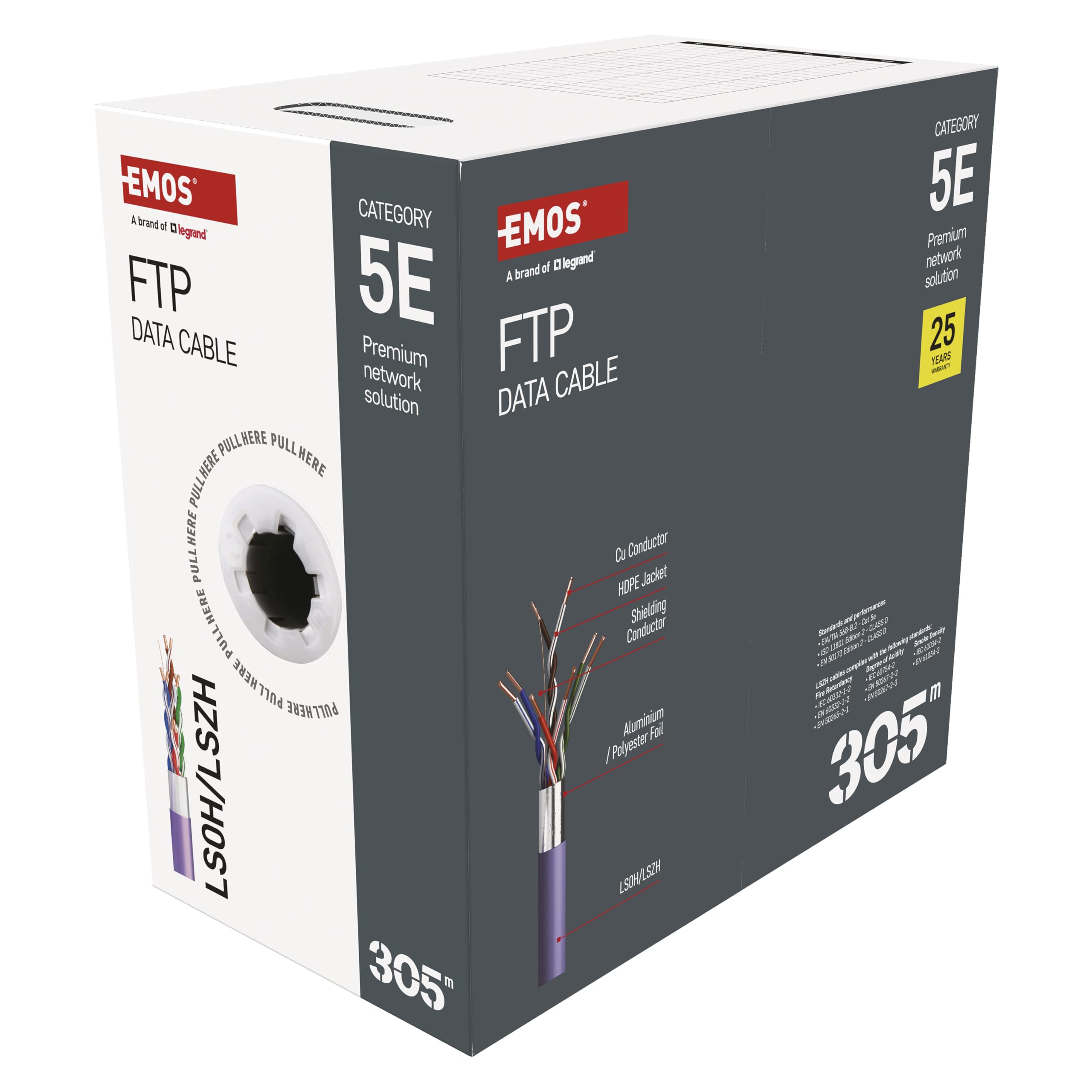 EMOS - FTP kabel sieciowy CAT 5e, 305 m, PCW LSZH - CAT5e kabel krosowy FTP - Gigabit LAN - ekranowany kabel Ethernet - do użytku wewnątrz pomieszczeń