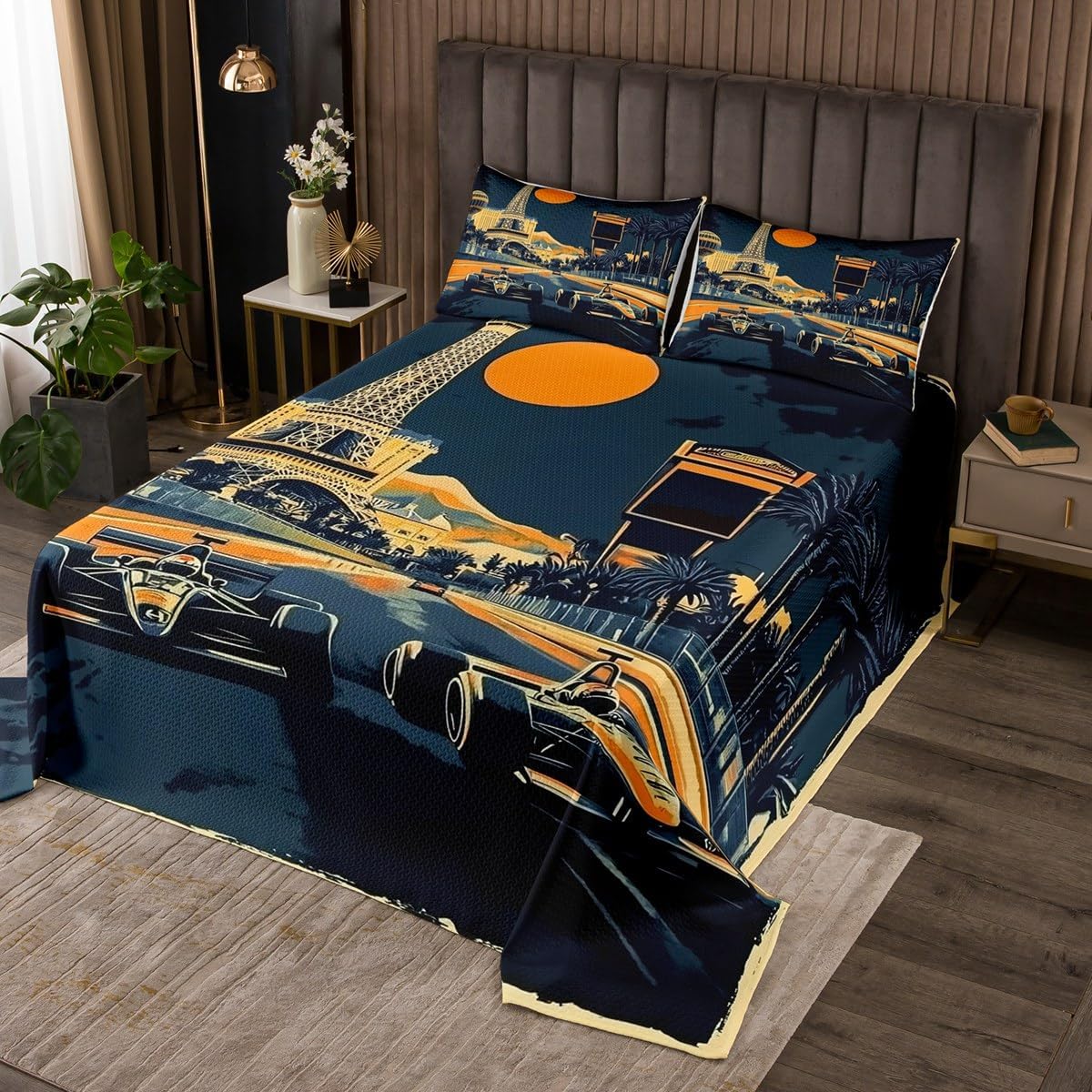 Erosebridal Neon Car Coverlet Set King Size Racing Car Quilted Coverlet for Girls Boys Kids Extreme Speed Sport Quilted Fast and Furious Games Vintage Cartoon Vehicle Pink Blue Bedding Set