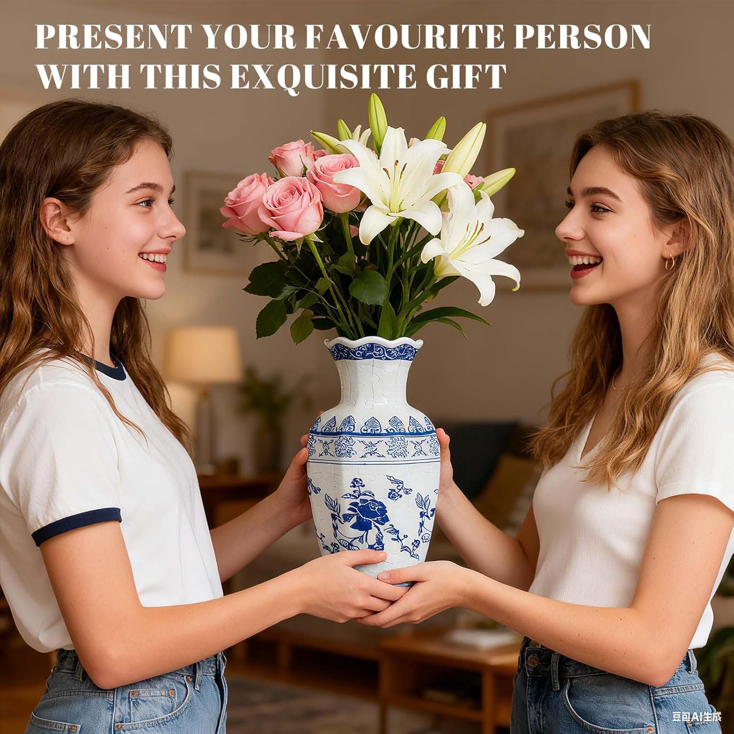 3D Puzzle Vase for Adults, Vase Puzzle Planter with 164 Curved Pieces,Water Cup & Stand, Art Jar Puzzles for House Flowers Arrangements and Home Decoration (Blue and White)