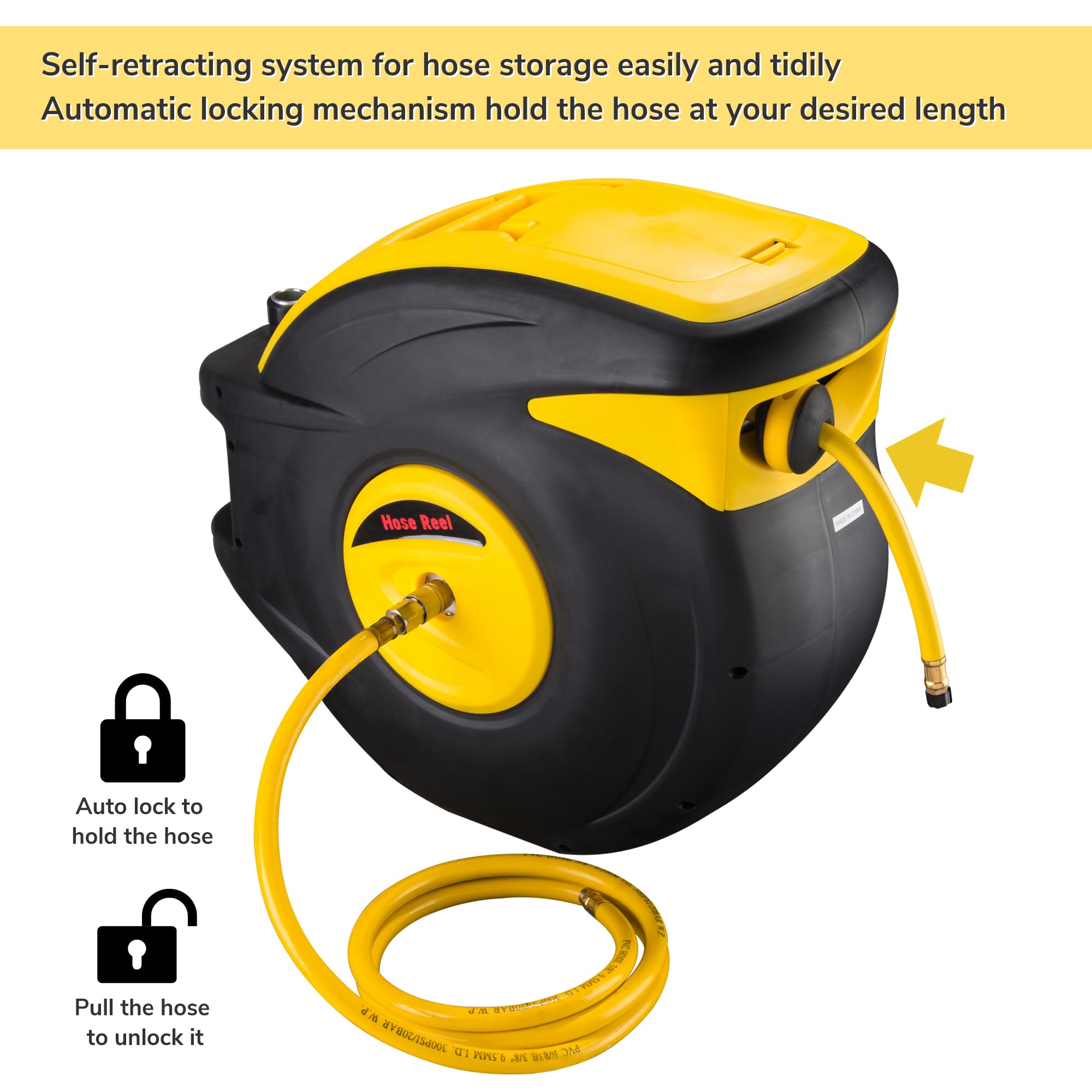 Yescom 100ft x 3/8inches Retractable Auto Rewind Air Hose Reel Tools Compressor Garage for Auto Repair