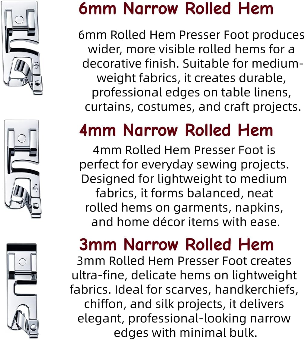 Hem and Zipper Foot Kit 6Pcs - Narrow Rolled Hem Foot 3mm, 4mm, 6mm and Wide, Narrow, Invisible Zipper Foot Sewing Machine Presser Foot for All Low Shank Snap on Singer, Brother, Babylock, Janome Use