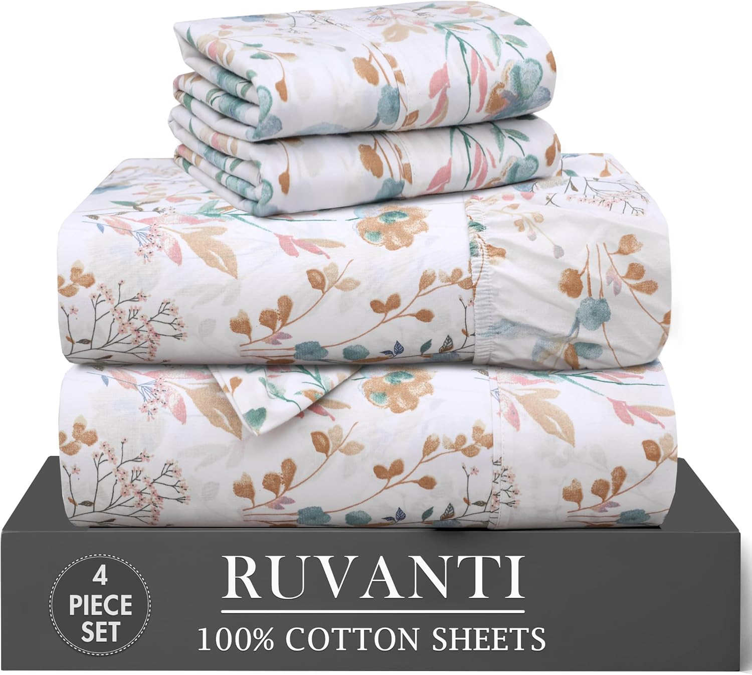 RUVANTI 4 Pcs Cotton Sheets - 100% Natural Cotton Soft, Lightweight & Breathable Crispy Percale Bed Sheets, Twin XL Sheet Sets 16" Deep Pockets, Radiant