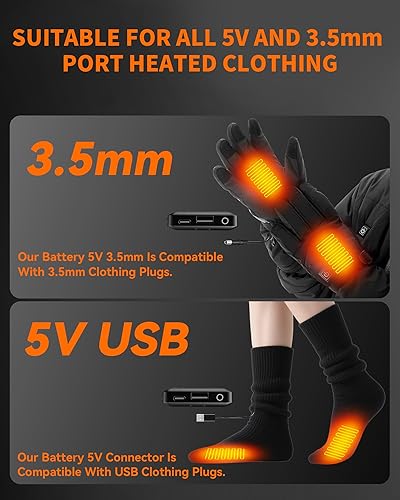 Miniatura 6 de Paquete de 2 baterías para guantes calefactados, calcetines, pantuflas, sombrero, bufandas, 5V2A, 5000mAh, salida CC y USB, recargable para