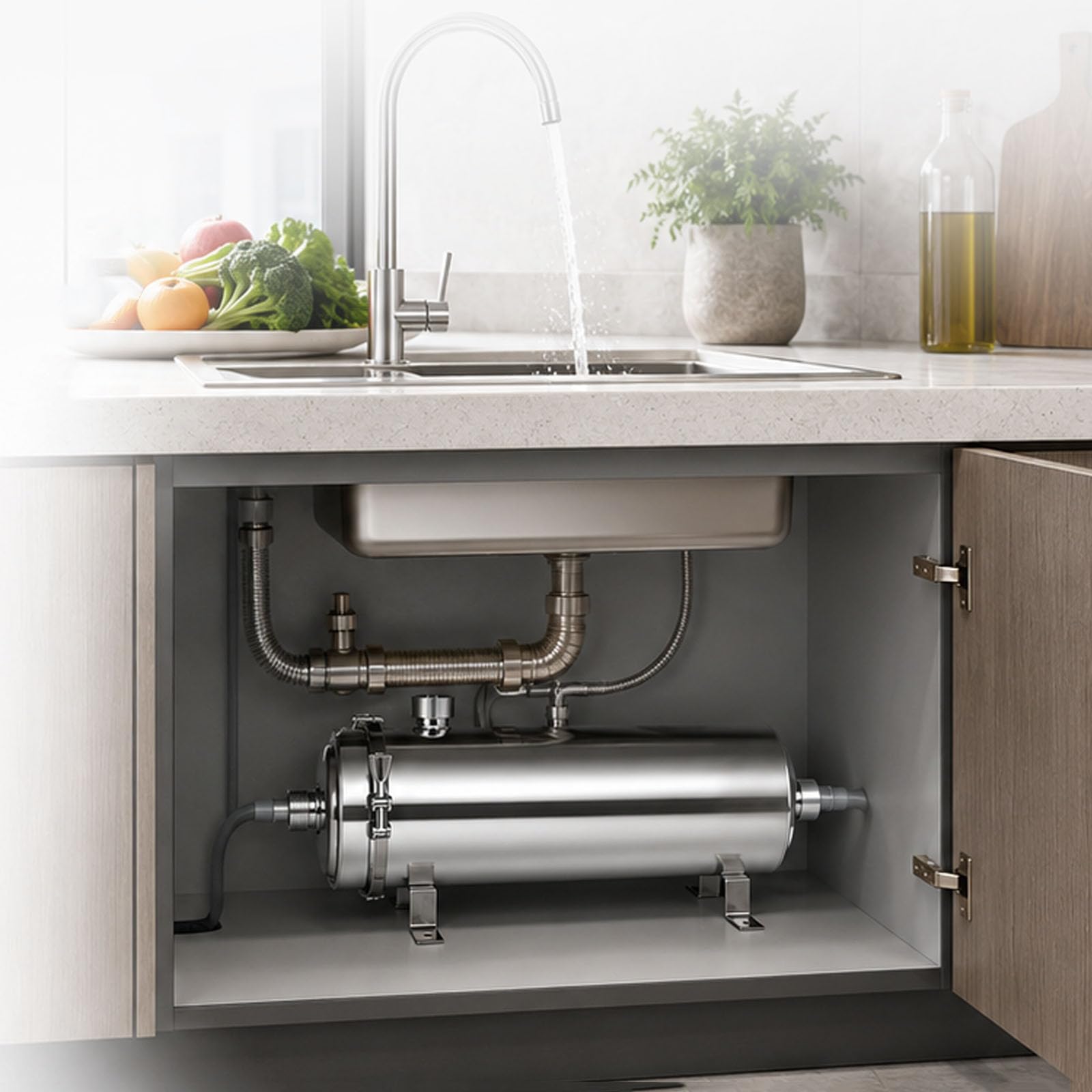 Purificateur d'Eau à Ultrafiltration Grand Débit, Préfiltre Domestique en Acier Inoxydable 304, Raccord DN15 20 mm, Cartouche UF Lavable 0,01 Micron, Système de Filtration Sous Évier 1000 L/h