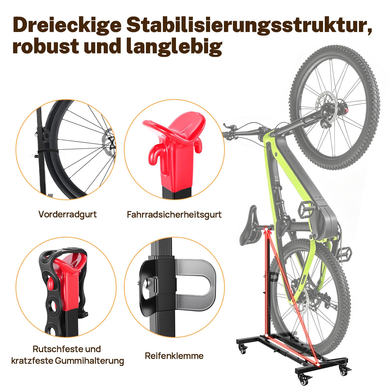 Fahrradständer Boden – Stand-Parkständer mit 360° Lenkrollen,ohne Bohren,verstellbar, bis 36 kg – Fahrradhalterung für Rennrad, MTB,Kinderrad – platzsparende Radständer für Garage & Wohnung.