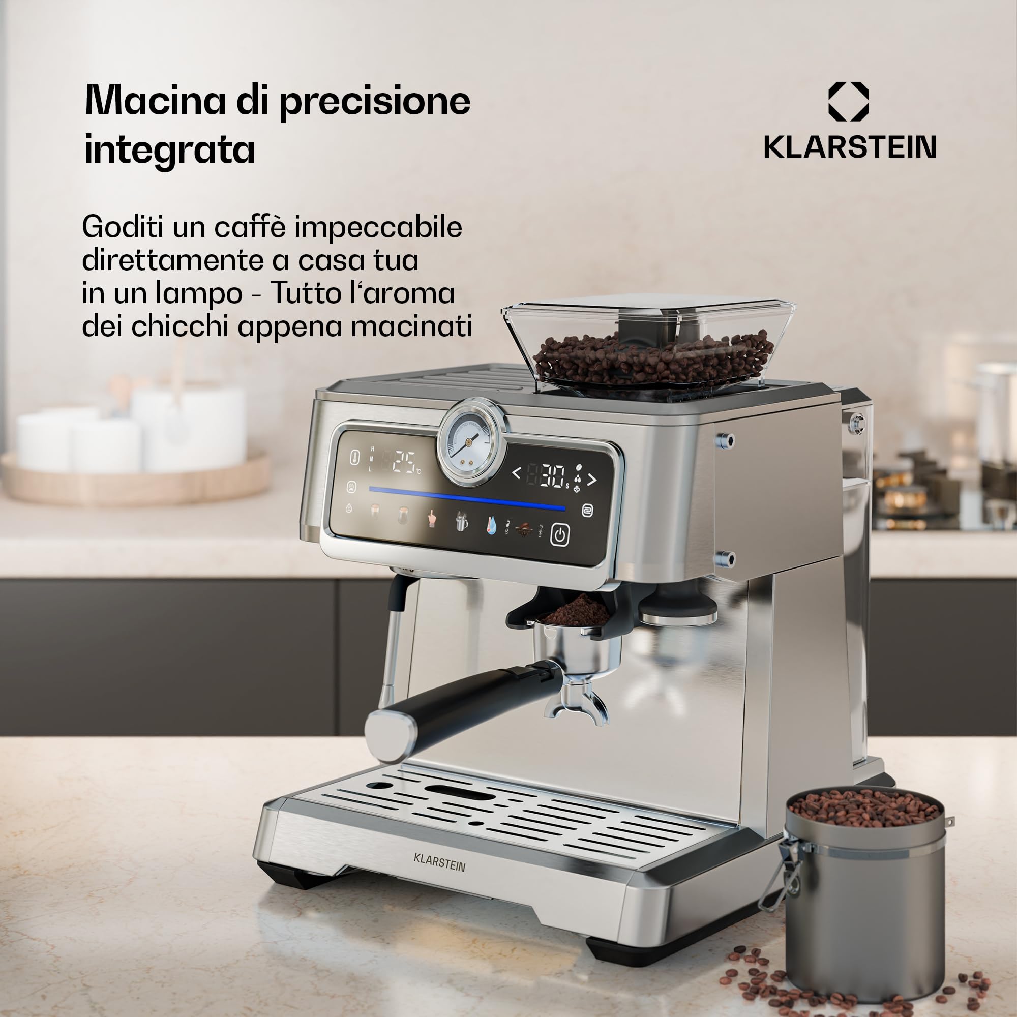 Klarstein GrandPresso Touch - Macchina da Caffè Espresso, 20 Bar, Macinino Integrato, Display Touch, Serbatoio da 2,3L, Acciaio Inox, Funzione Vapore, Senza Capsule, Personalizzazione delle Bevande