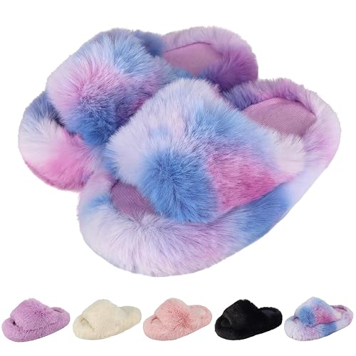 KOUECI Girls Fuzzy Plush Slippers丨Kids Open Toe Fluffy Memory Foam