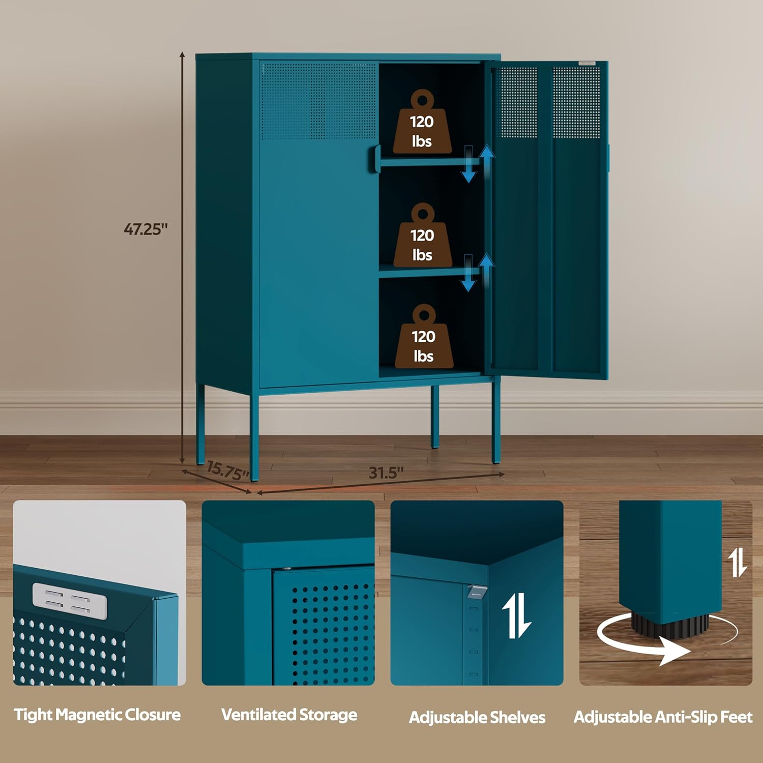 3-Tier Metal Storage Cabinet with 2 Adjustable Shelves, 2 Mesh Door Metal Locker Accent Cabinet with Legs, Blue Storage Cabinets, Metal Tv Stand Cabinet for Home, Office, Entryway & Hallway