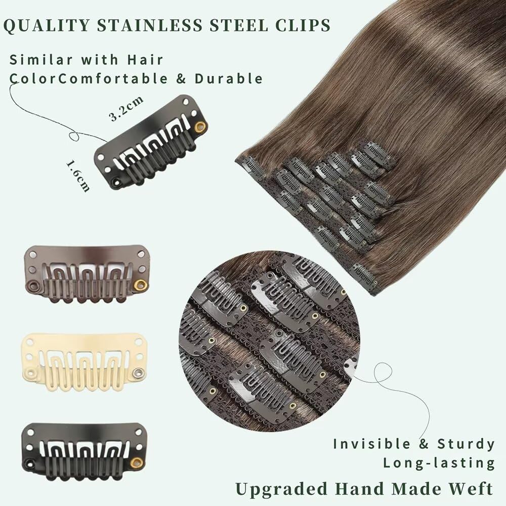 GUDOZO Clip in Extensions Human Hair 7pcs 35cm 80g Invisible Clip Extensions Human Hair Extensions Human Hair Clip Extensions Skin Weft Hair Extension(14Inch,M2/6/613#)