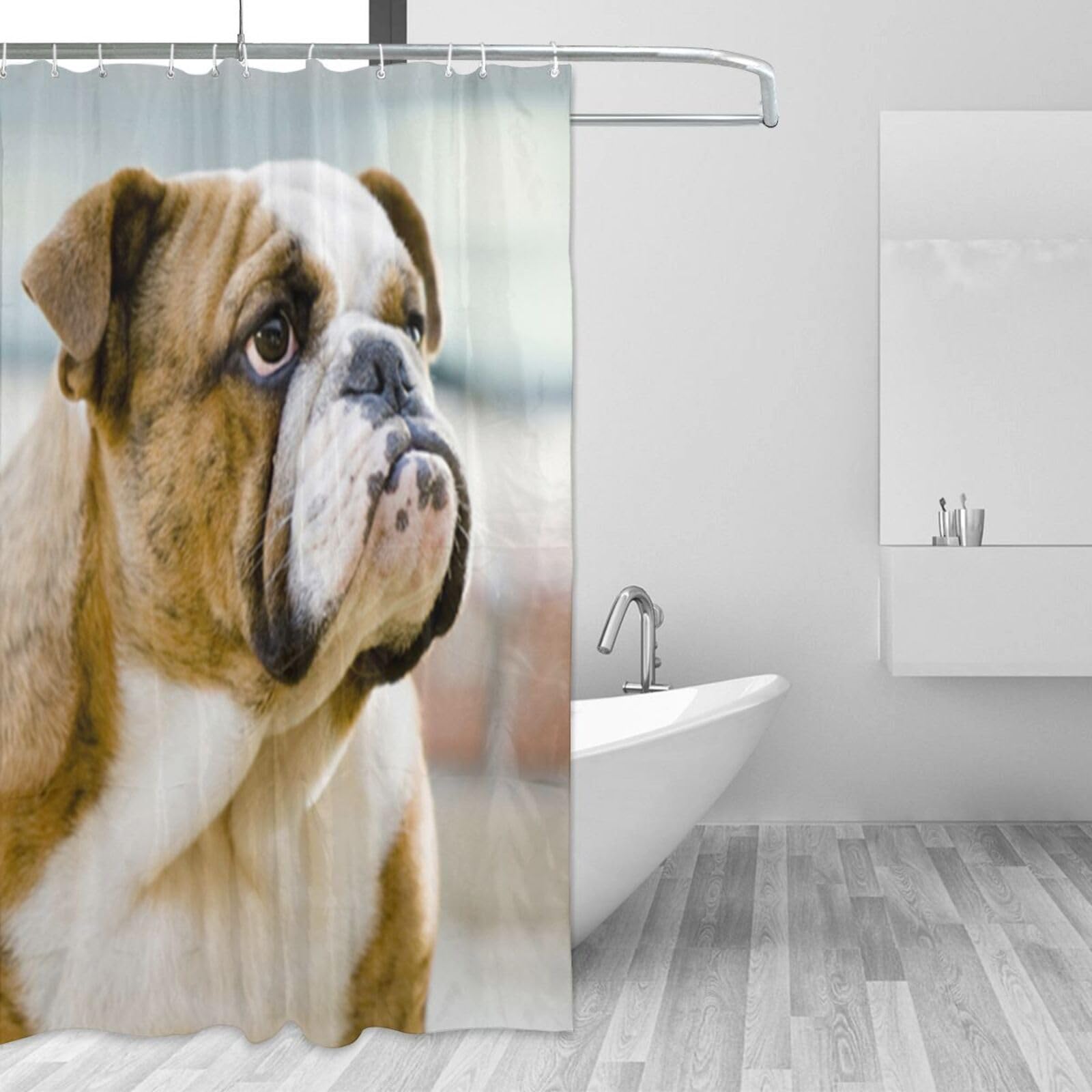 RnnJoile Duschvorhang Mit Französischer Bulldogge – 183 X 183 Cm, Schwarz-weißes Hunde-Design, Wasserdichter Polyester | Inkl. 12 Haken