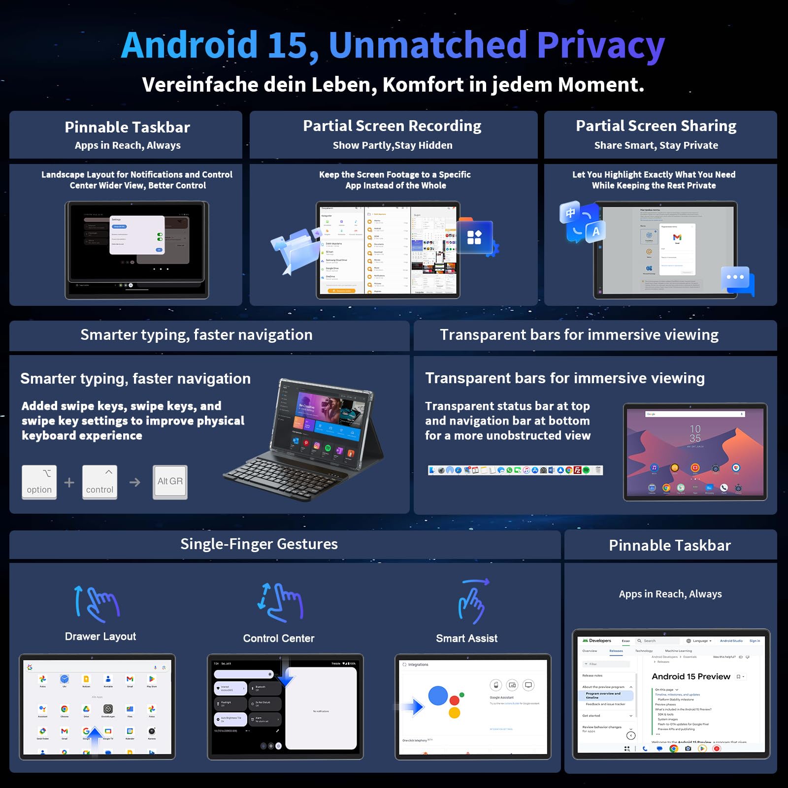 Tablet da 10 pollici, tablet Android 15 2026 con tastiera, 26 GB+256 GB+2 TB espandibile, tablet PC con Gemini AI, Octa-Core, 8000mAh, 5G WiFi, Widevine L1, GMS, tablet 2 in 1 con custodia, mouse