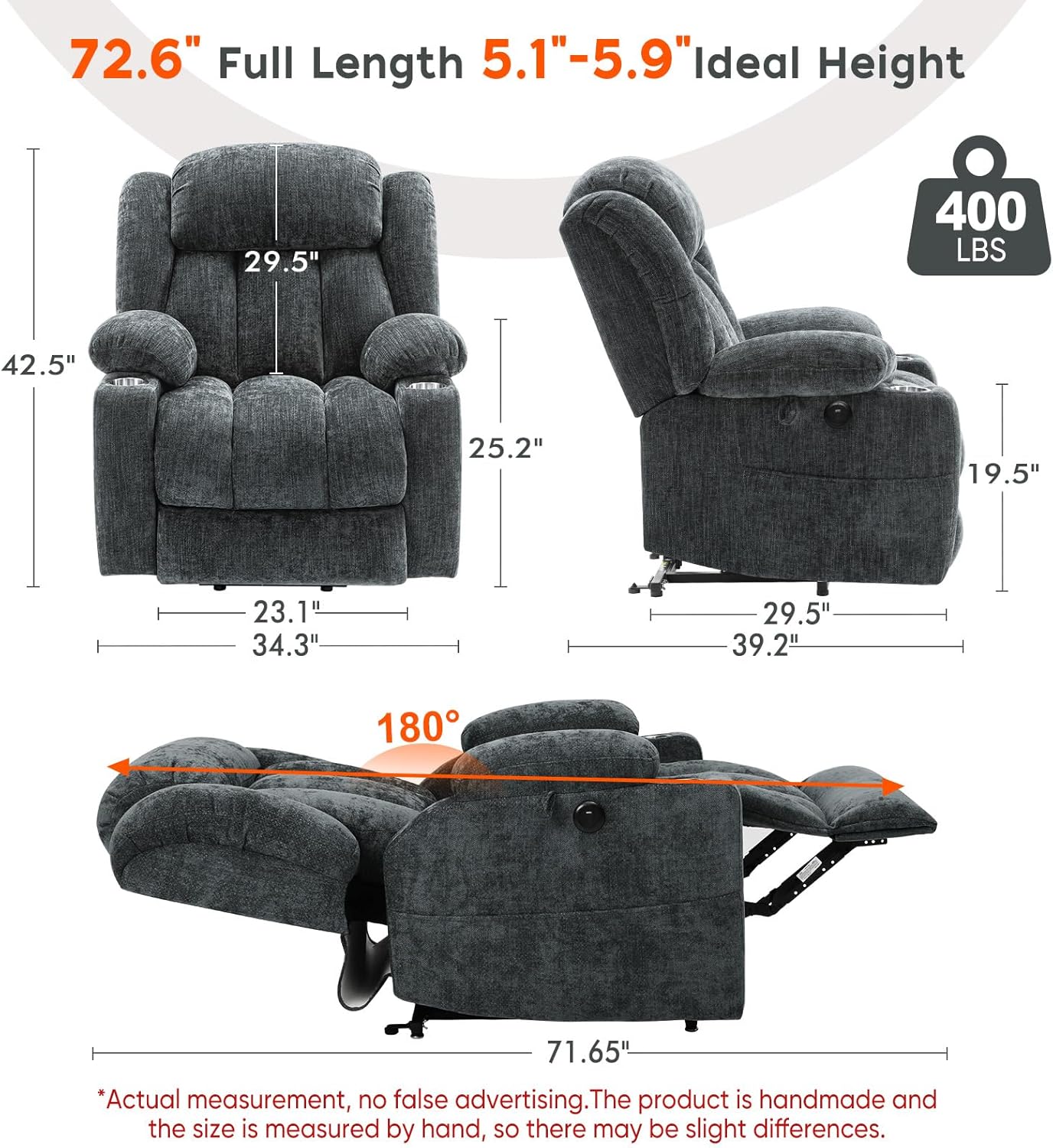 ABCASA Large Dual Motor Lay Flat Power Lift Recliner Chair for Elderly with Heat ＆ Massage, Comfortable Chenille Recliner, Cup Holder, Side Pocket,USB-A ＆ C Ports, Gray Blue