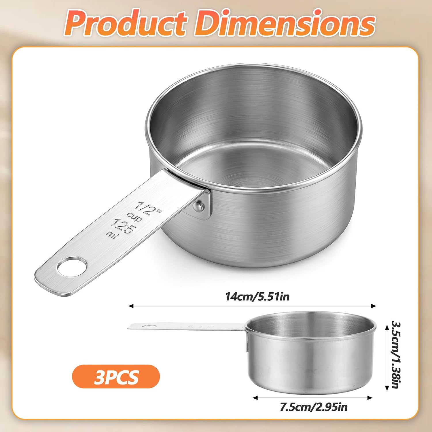 3PCS Half Cup Measuring Cup, Stainless Steel 1/2 Cups Measuring Scoop