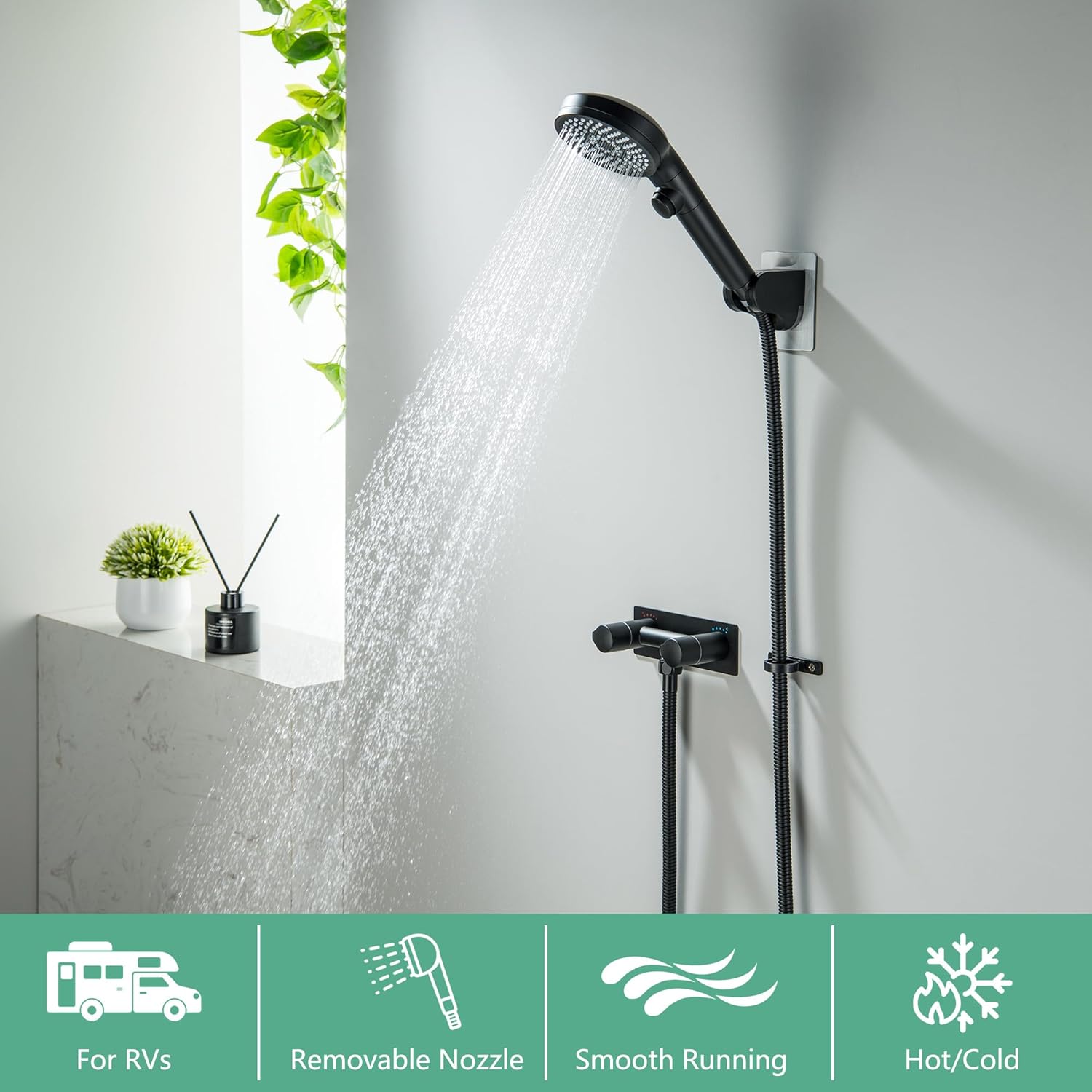 RV Shower Faucet, Matte Black Metal Camper Shower Faucet with Hose and Shower 4" RV Outside for Travel Trailer, Camper, Motorhome