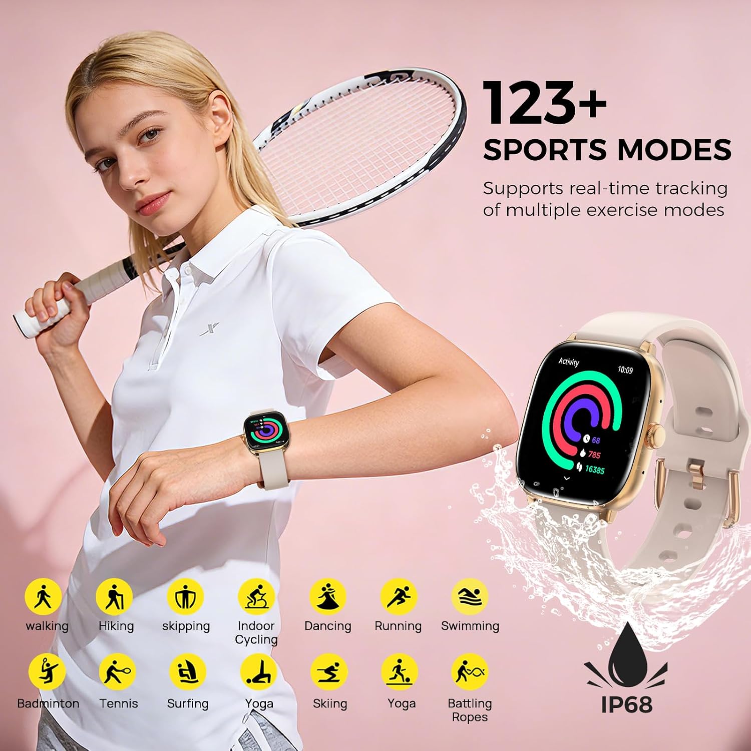 BRIBEJAT Android Smart Watches for Women, 1.75” AMOLED Touchscreen, Bluetooth Calling, Heart Rate/SpO2/Sleep Monitor, Long Battery, IP68 Waterproof Finess Watch Compatible with iPhone Android (Gold)