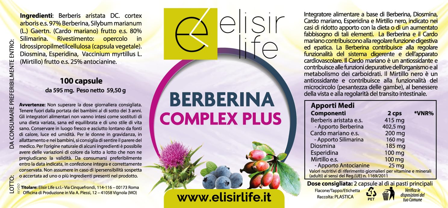 Integratore Alimentare BERBERINA COMPLEX PLUS 100 capsule a base di Berberina, Cardo Mariano, Diosmina, Esperidina e Mirtillo