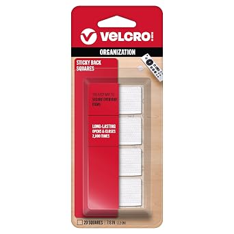 مربعات تركيب العلامة التجارية VELCRO | عبوة من 20 | 7 / 8 بوصة بيضاء | وصلات لاصقة وربط حلقة للمنزل أو المكتب أو الحرف | حامل آمن قوي