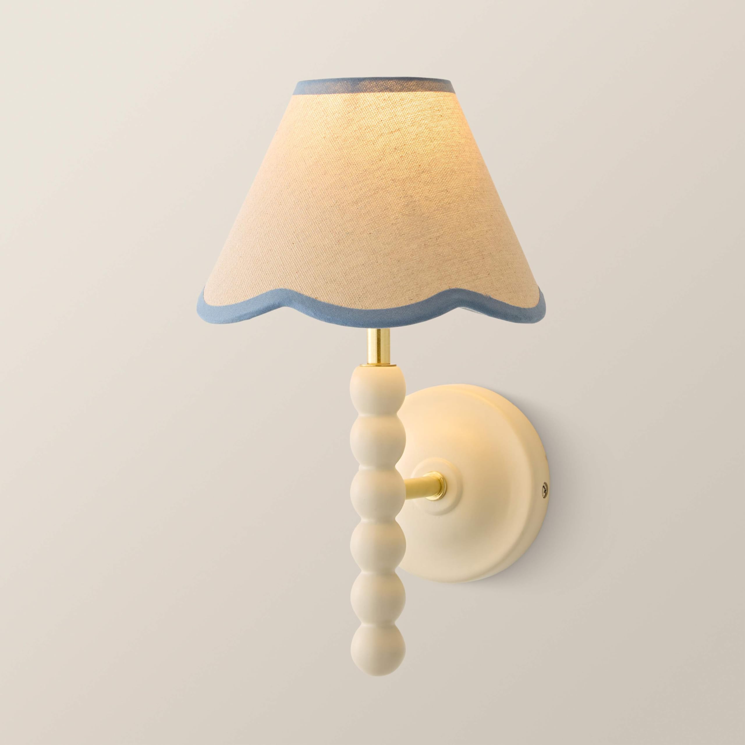 ValueLights | Bobbins Cream Bobble Wall Light and Blue Trim Linen Lamp Shade and Bulb | Mains Wired