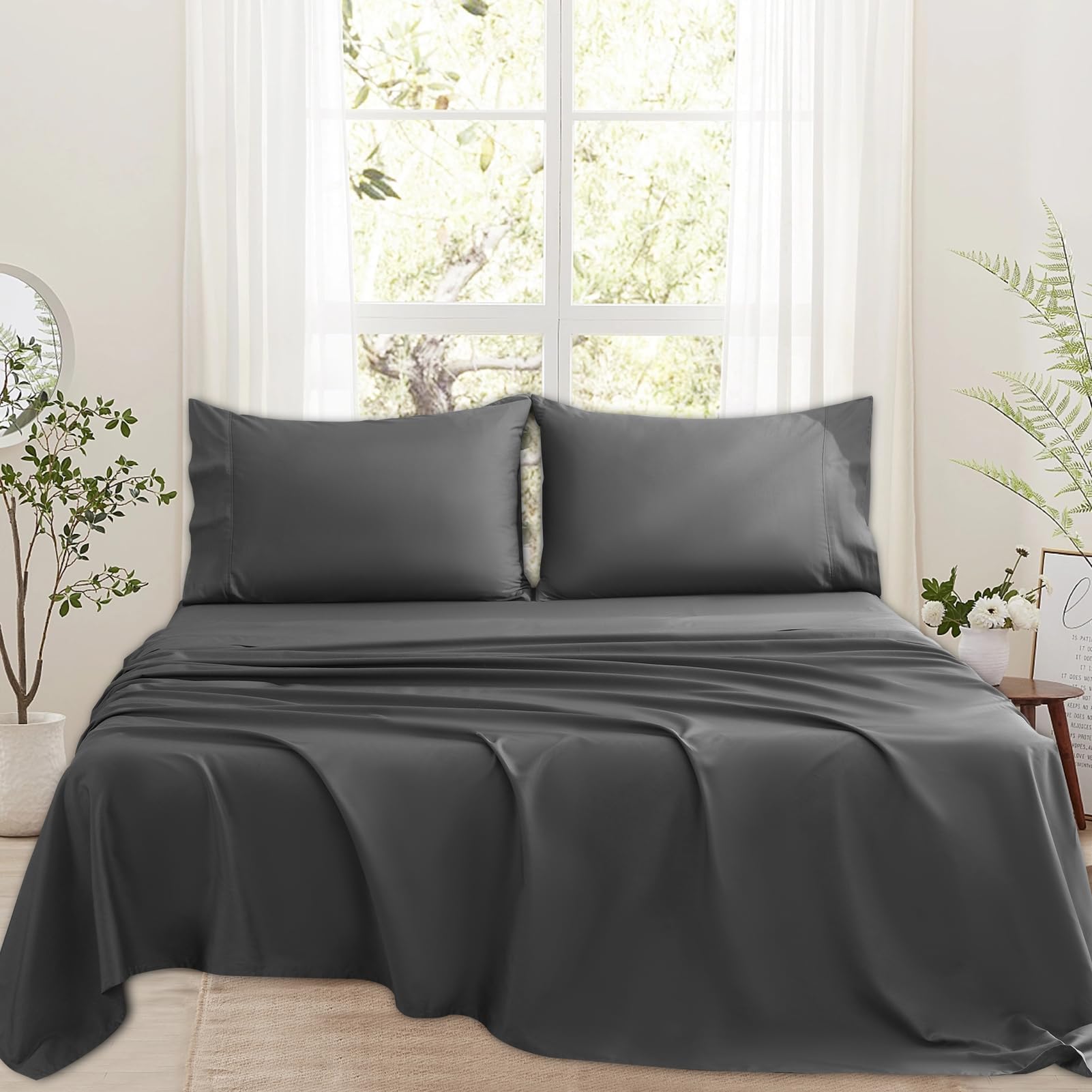 Bedlifes1000 Thread Count 100% Egyptian Cotton Queen Size Sheets Set - Sateen Soft Silky Breathable Luxury Cooling 4 Pieces (Dark Grey)OEKO-TEX STANDARD 100