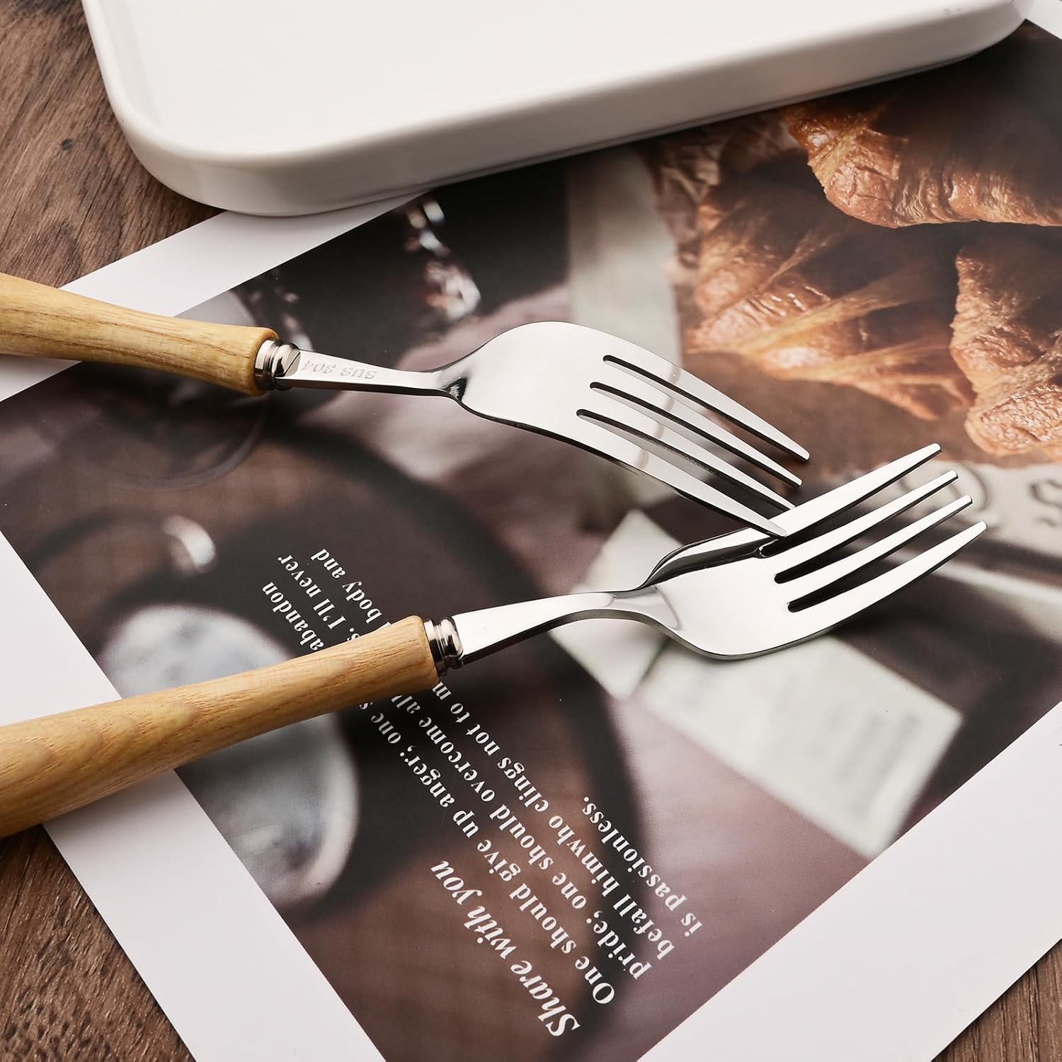 30 Pcs Wooden Handle Silverware Set, 18/8 304 Stainless Steel Flatware Set with White Ash Wood Handle, Reusable Kitchen Cutlery Set Includes Forks Spoons and Knives, Service for 6
