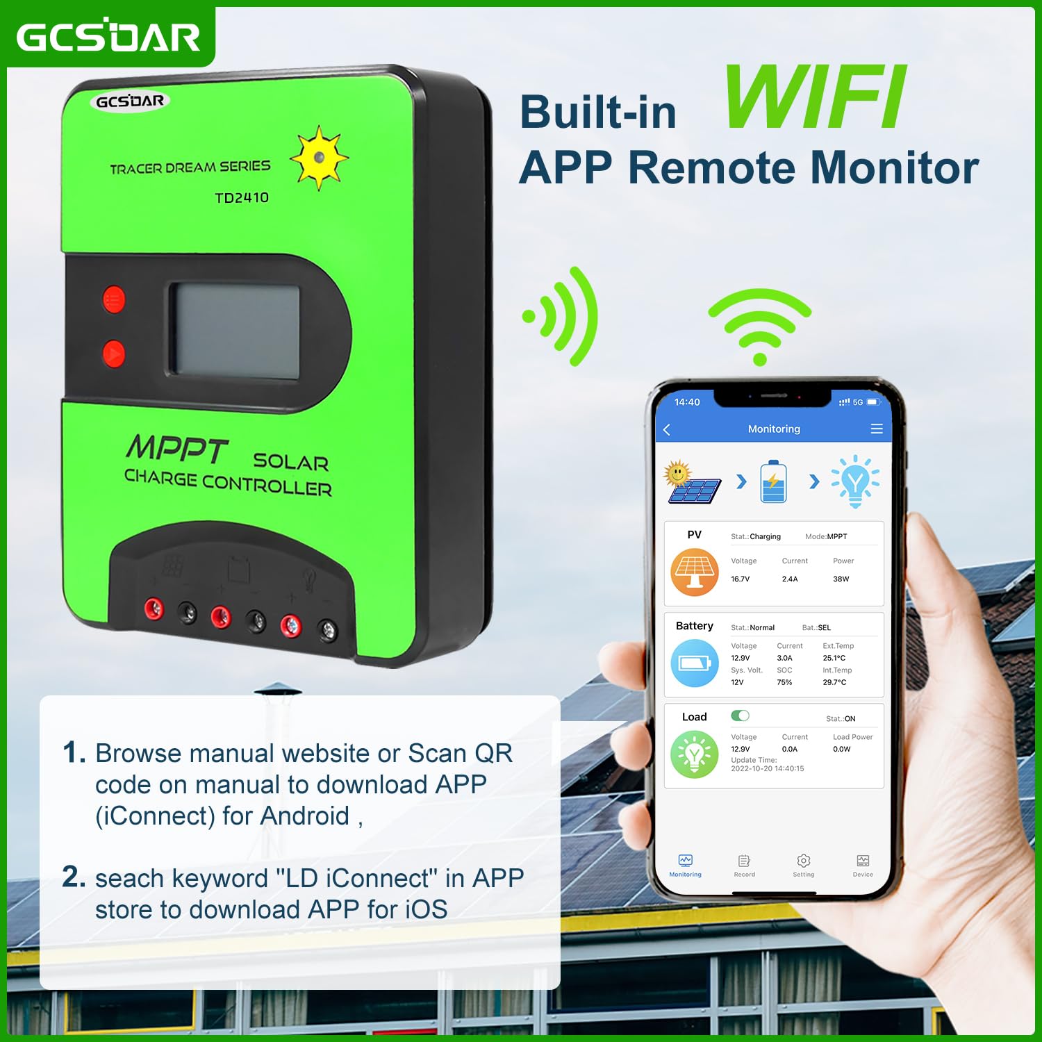 40A 12V/24V Auto MPPT Regolatore solare WiFi APP Controllo remoto Display LCD Pannello solare Gel sigillato Tipo Lifepo4