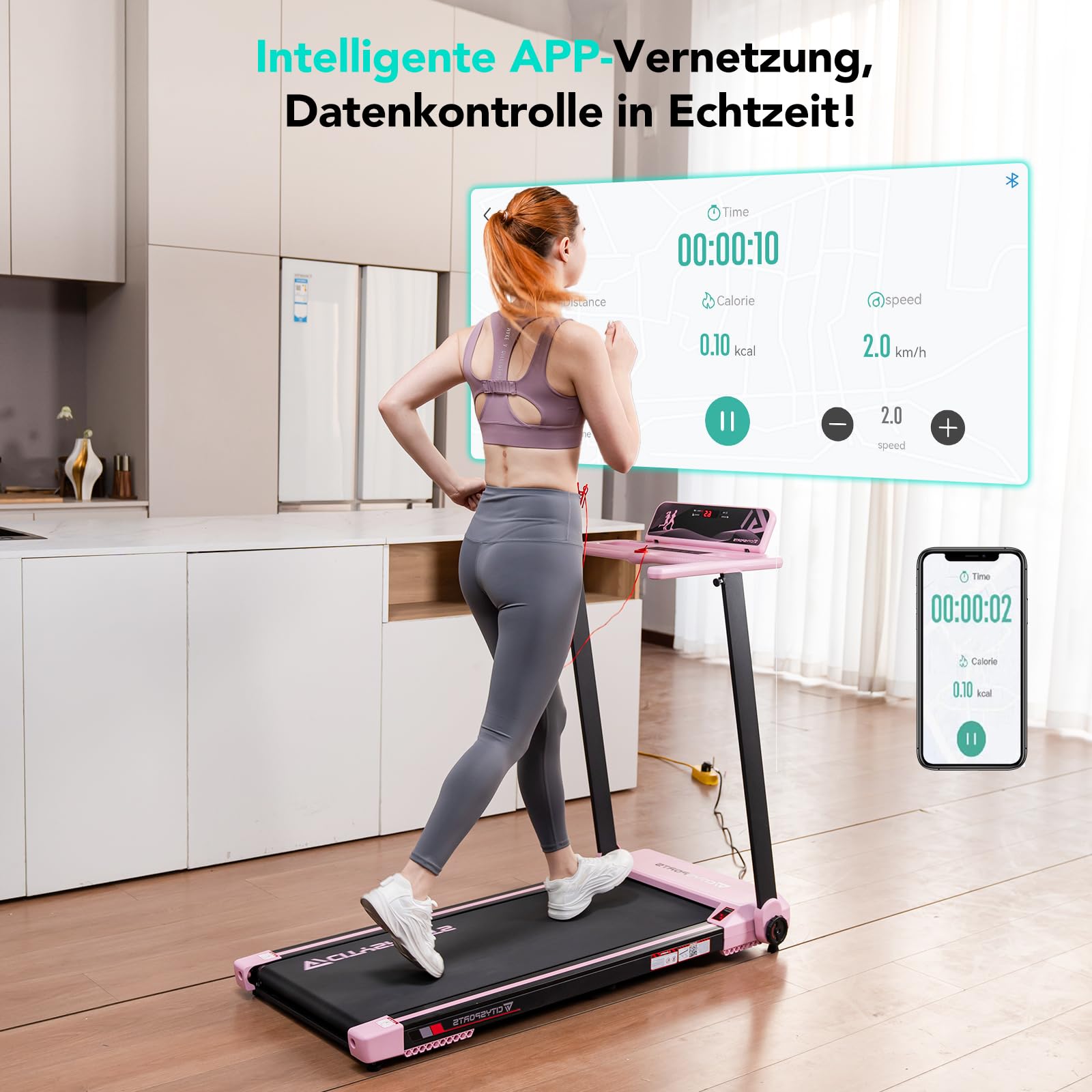 CITYSPORTS Elektrisches Laufband,Klappbares Laufband für Zuhause bis 12 km/h,mit LED-Anzeige,APP und 360° Tablet Holder,kompakte Walking Pad für Zuhause und Büro (Pink)