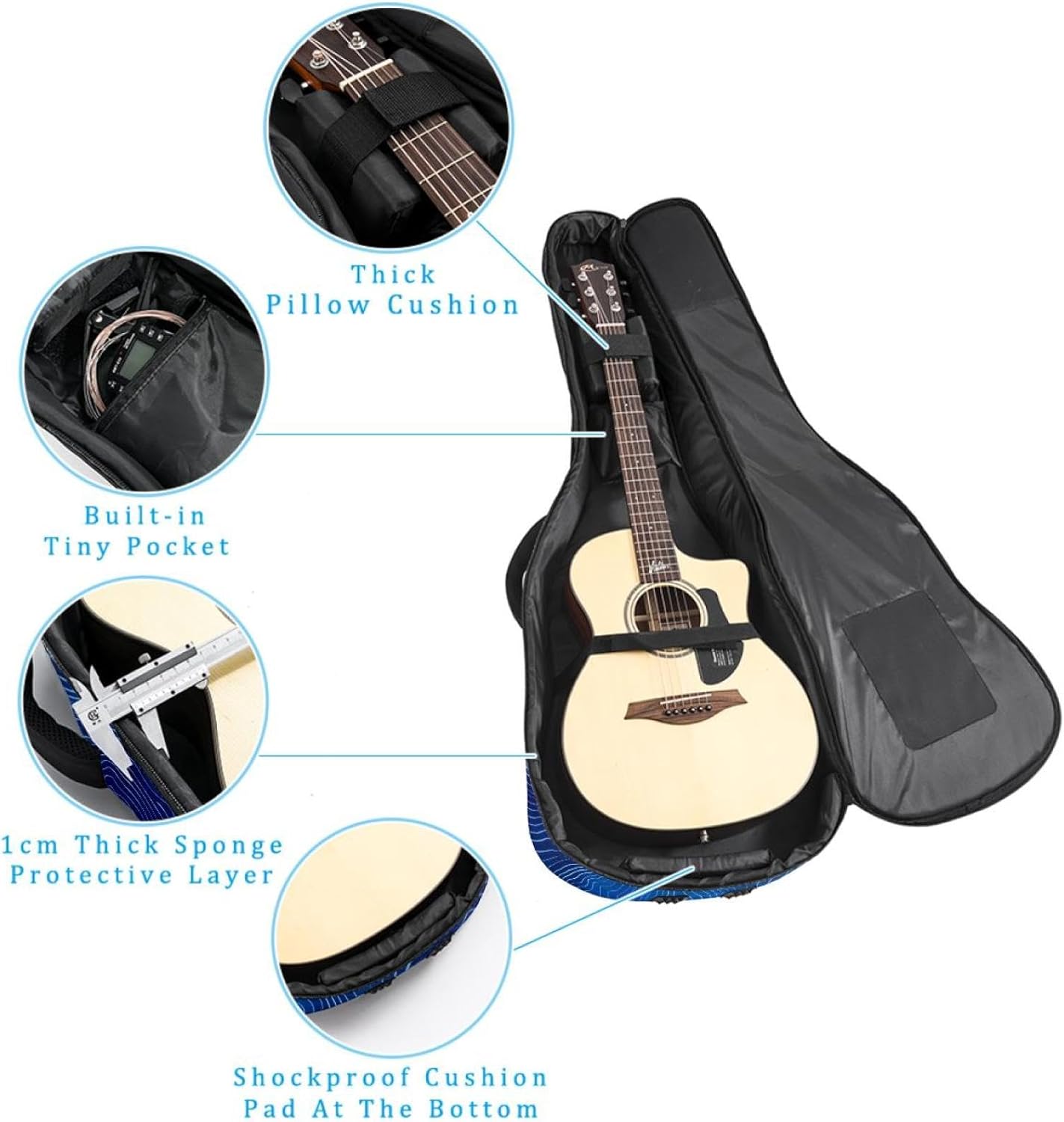 Acoustic Guitar Bag 0.4 Inch Thick Padding Waterproof Guitar Case Gig Bag for 40 41 42 Inch Electric Bass Classical Guitar, Curvy Wave