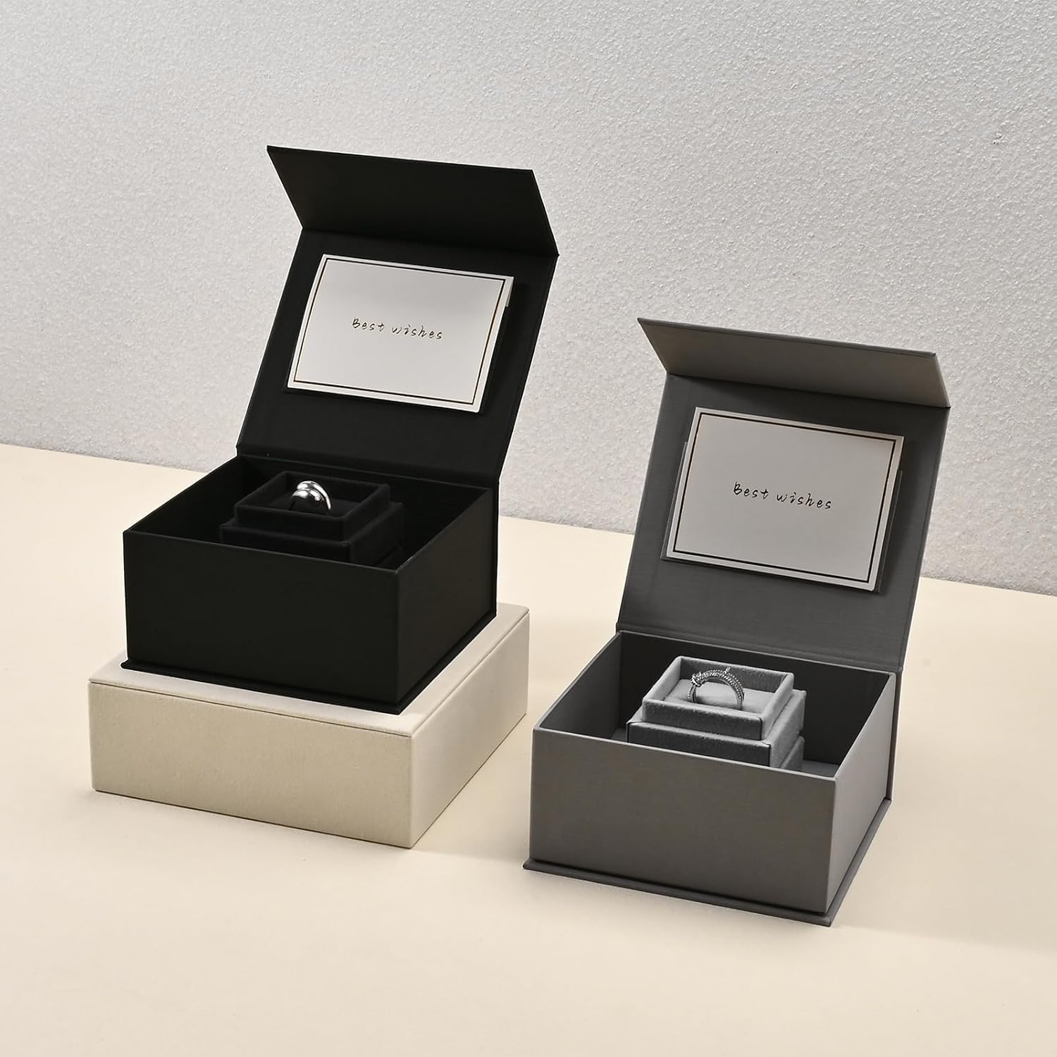 Oirlv Velvet Ring Gift Box with Exquisite Outer Packaging, Wedding Proposal Engagement Ring Box, Birthday Present Gift Box with Blank Greeting Card（Black）