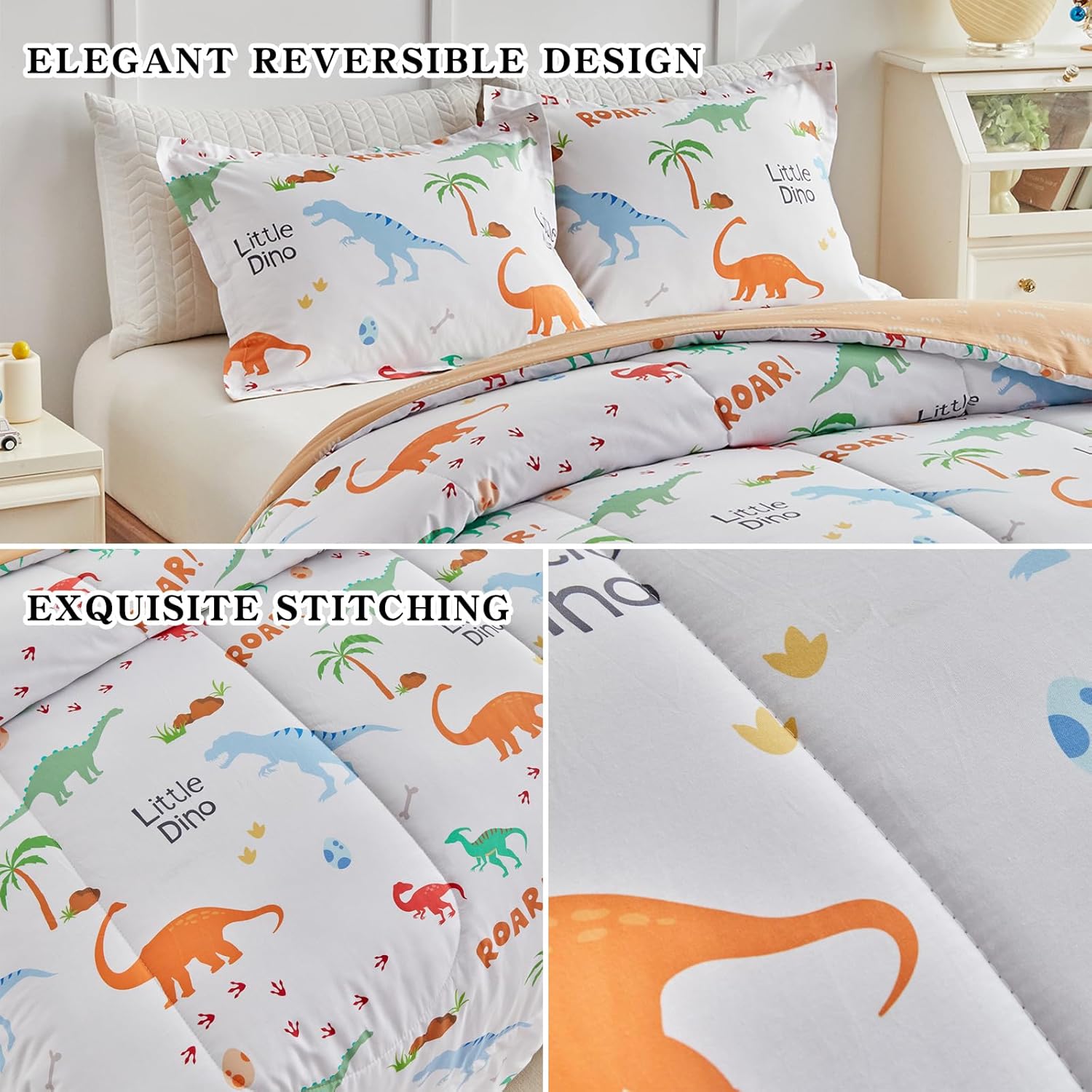 Joyreap Cotton Comforter Set Queen, Colorful Dinosaurs Orange n White Design, 3pcs Kids Bedding Set for All Season- 88x88 inches - Image 3
