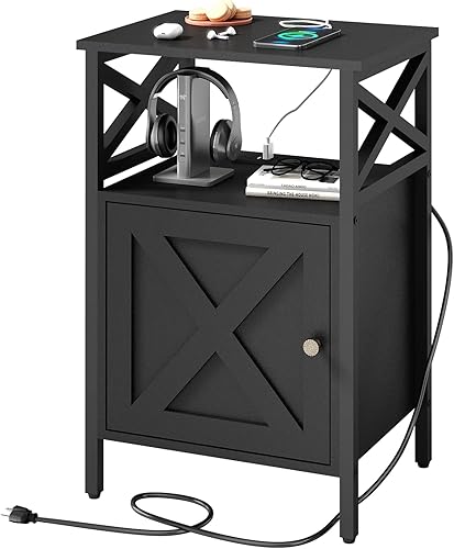 LDTTCUK Mesa auxiliar con estación de carga, mesa auxiliar con toma de corriente y puertos USB, mesita de noche con espacio de almacenamiento de 2