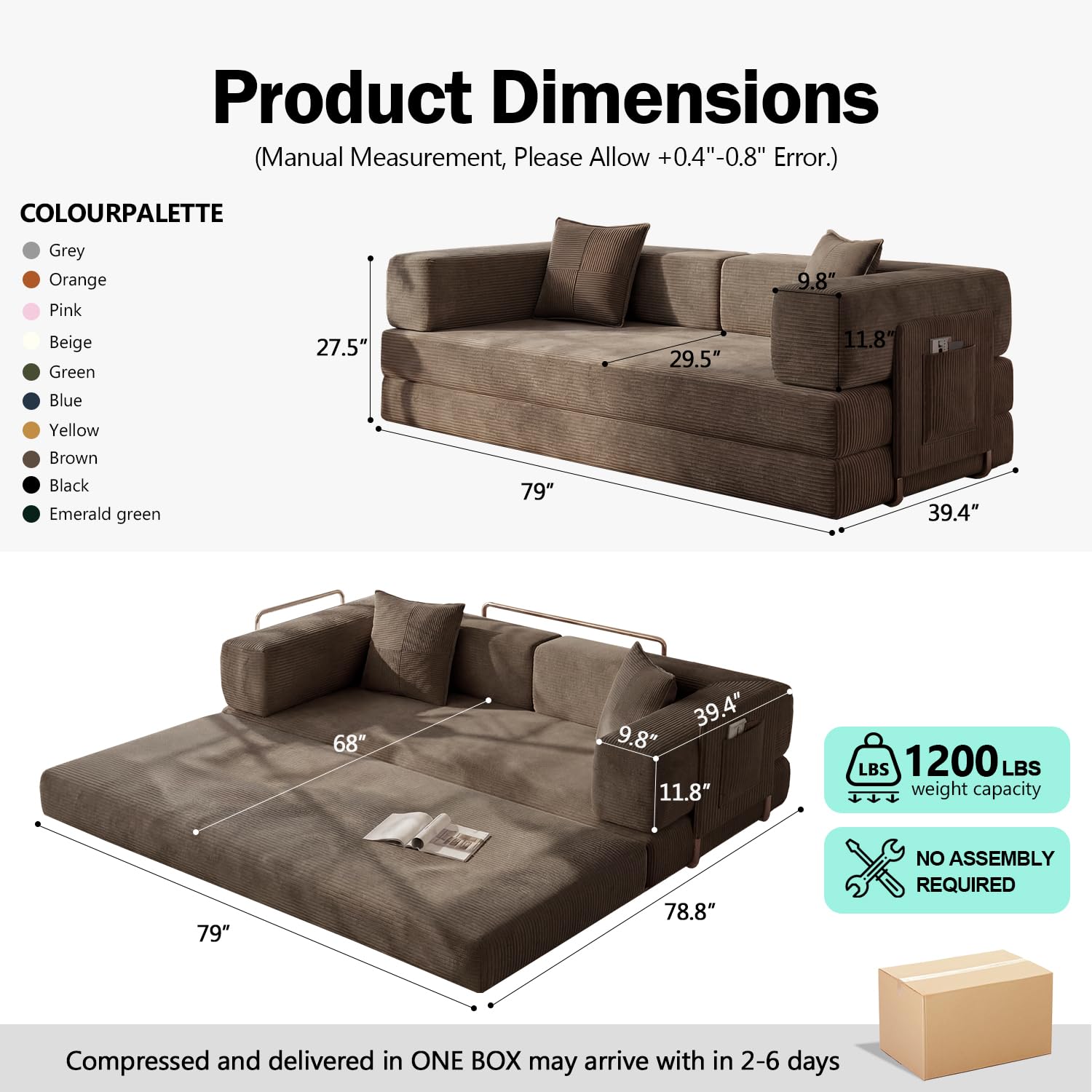 79" Convertible Futon Sofa Bed, Boneless Couch for Living Room | Modular Boneless Sleeper Sofa, Corduroy Pull Out Floor Couch Loveseat with Storage Pocket, No Assembly, Brown
