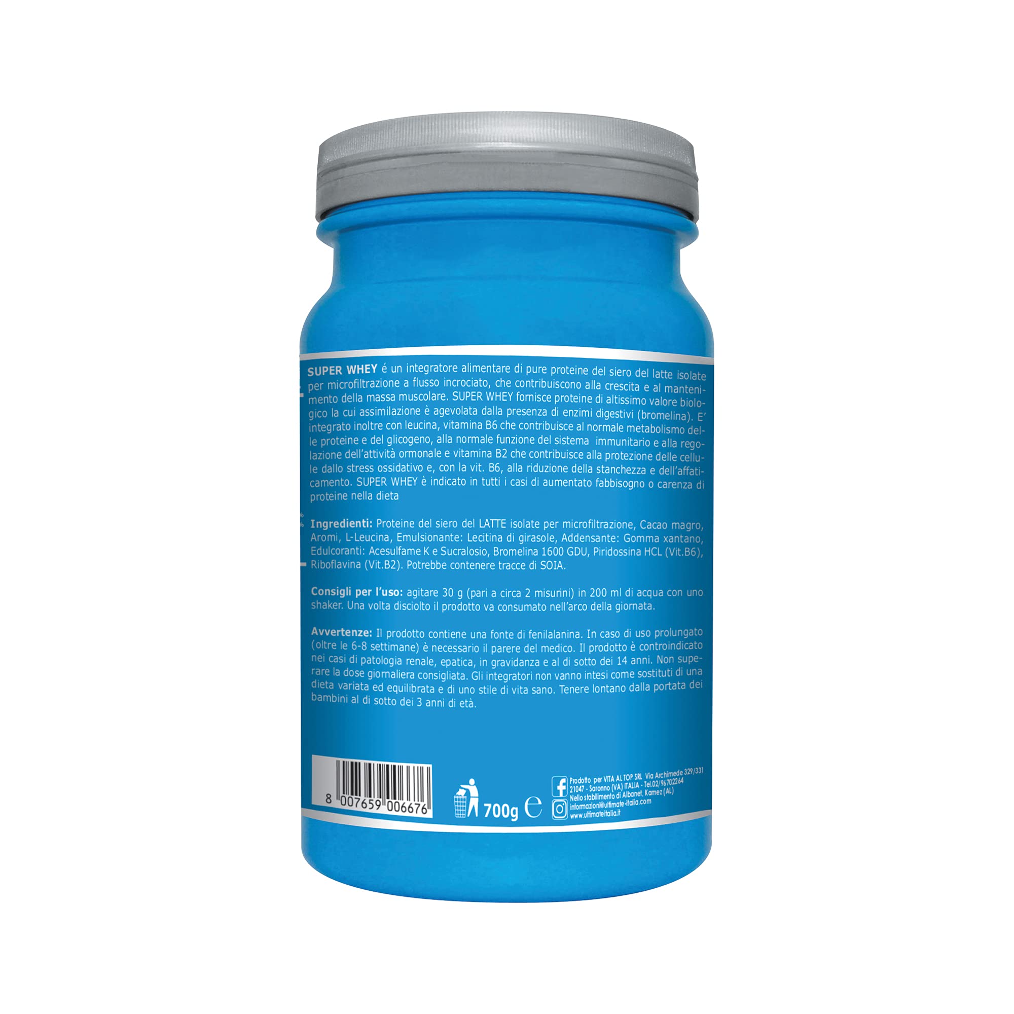 Ultimate Italia - Super Whey - 700g - gusto cacao - Proteine del siero del latte isolate e microfiltrate per un'assimilazione rapida e completa, senza glutine