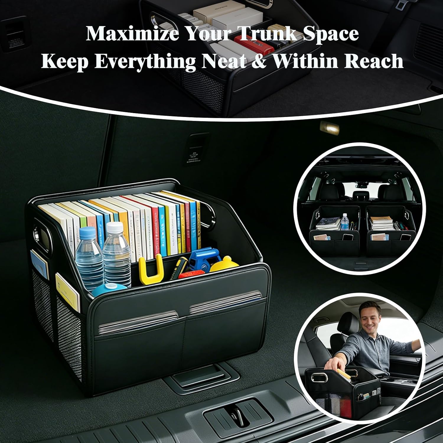 Structured PU Leather Car Storage Organizer, Reinforced Car Caddy Basket with 6 Compartments, Non-Slip Bottom, Car Floor Organizer for Back Seat, Front Seat & Trunk, Multipurpose Car Organizer