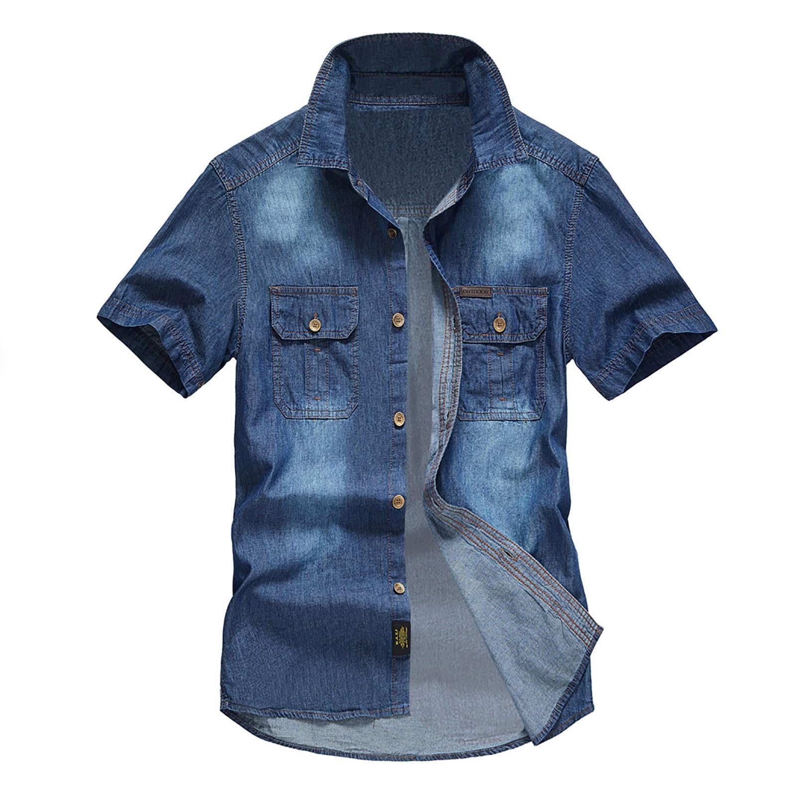 Chemise en jean à manches courtes pour homme - Chemise d'été en denim - Manches courtes - Boutons-pression - Bleu clair - Gris foncé - Coupe droite - Look usé - Coupe ajustée - Chemise de