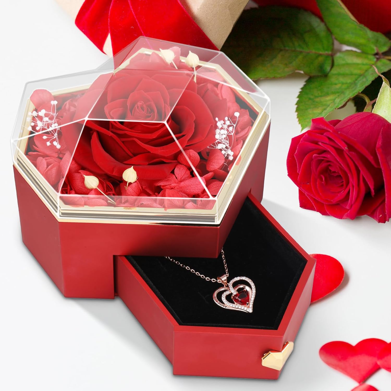 Preserved Real Red Rose Gift Box with Heart Necklace - Eternal Flower Gift for Her, Girlfriend, Wife, Mom on Valentine's Day, Birthday, Christmas, Anniversary, Thanksgiving(Golden) - Image 6