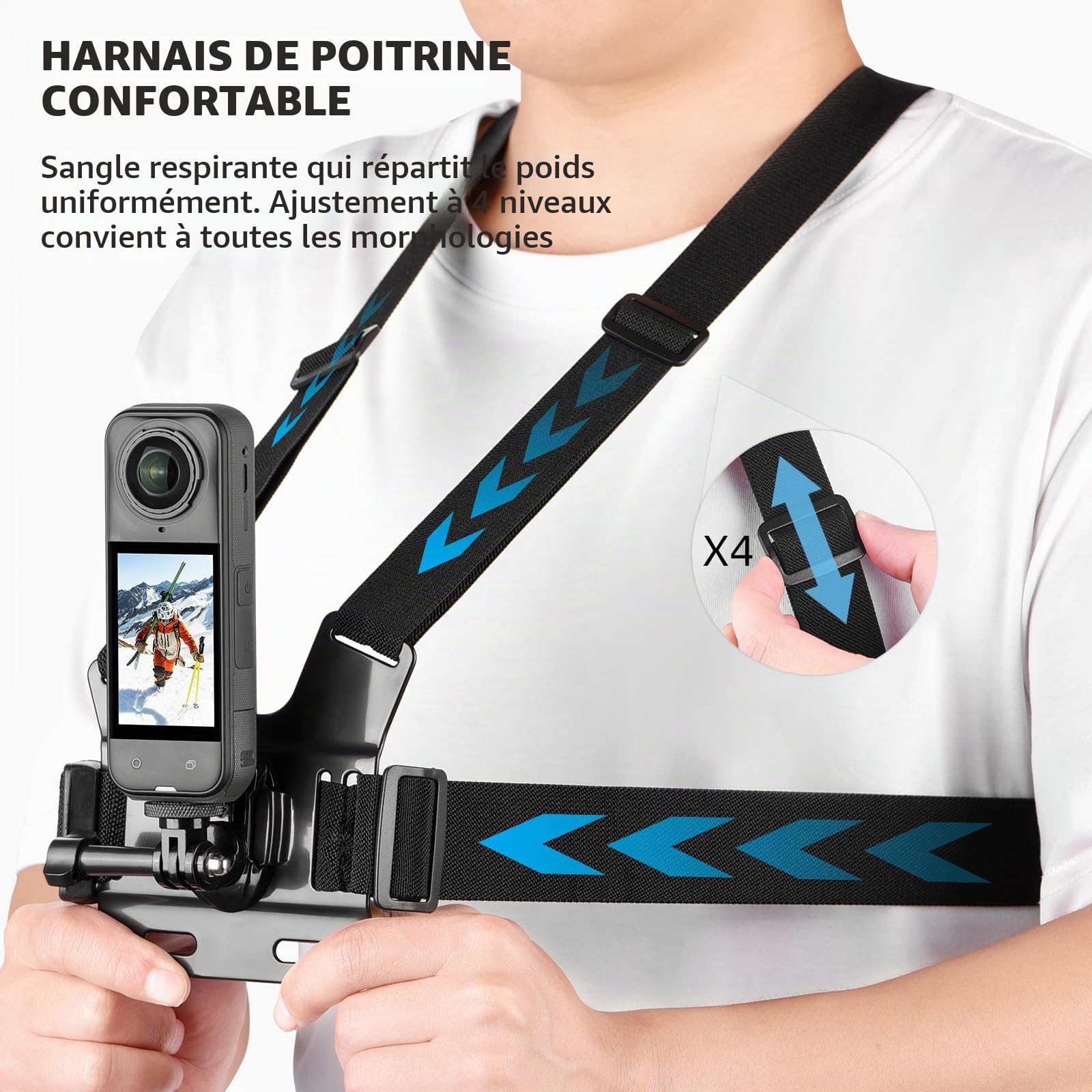 BRDRC Kit d'accessoires pour Insta 360 X5 X4, sangle de poitrine, harnais pour sac à dos, support de poignet, adaptateur rotatif à 360° + libération rapide pour Insta360 One X5 X4 X3 X2 X