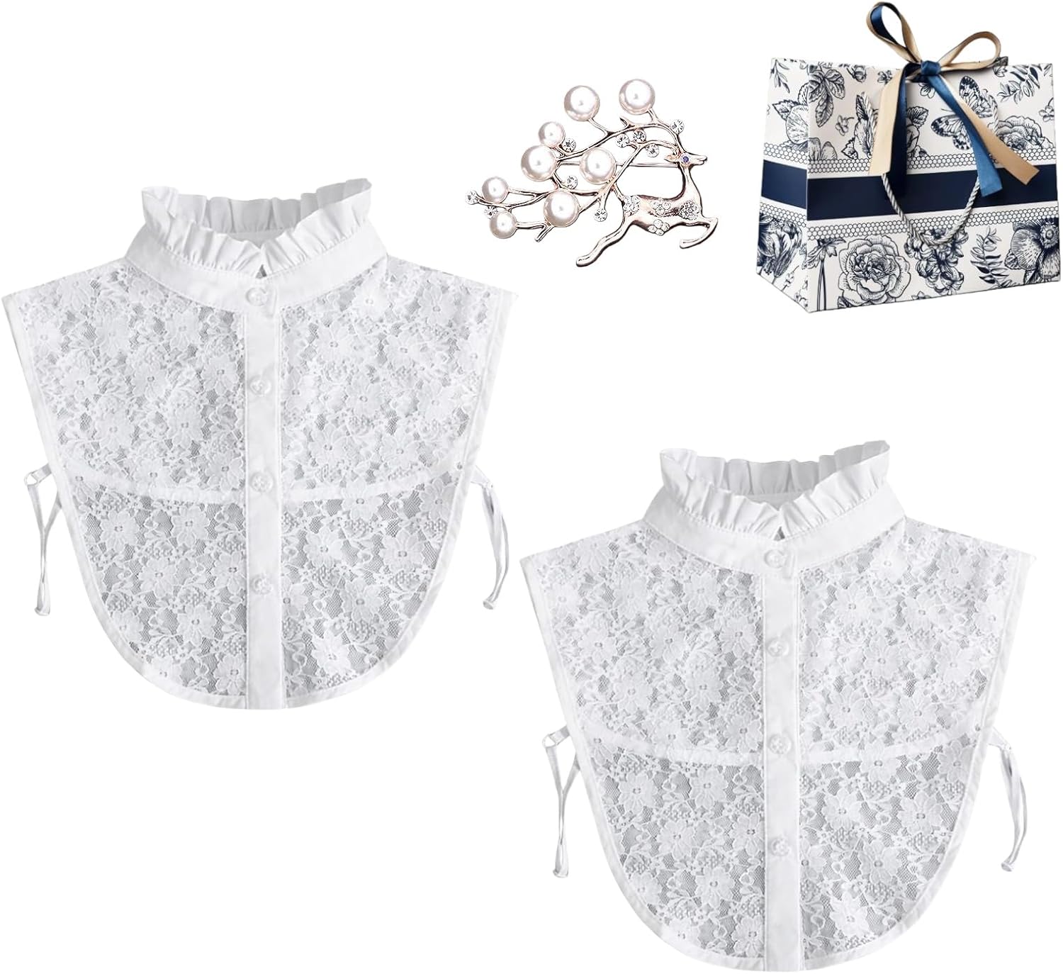 Detachable Collar, Fake Collar Dickey Blouse Half Shirt with Brooch, Lace Vintage Neckline for Sweater Dress Outfit Women