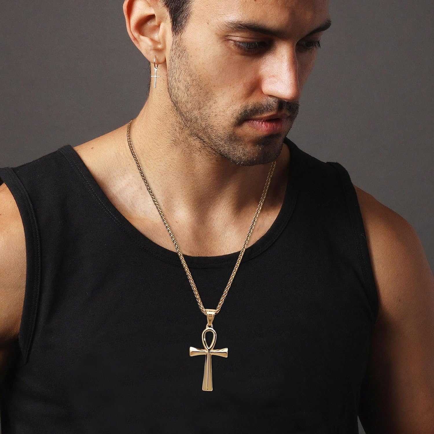 HZMAN Men's Stainless Steel Coptic Ankh Cross Religious Pendant Necklace, 22+2" Rope Chain - Image 2