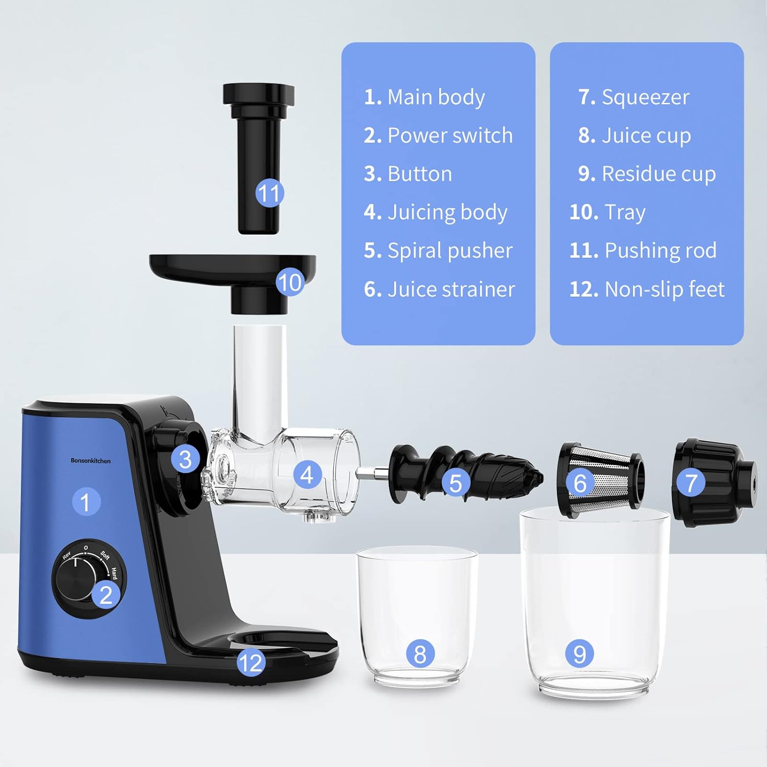 Image showing a hand pressing a button to assemble the juicer, illustrating the one-touch assembly design.