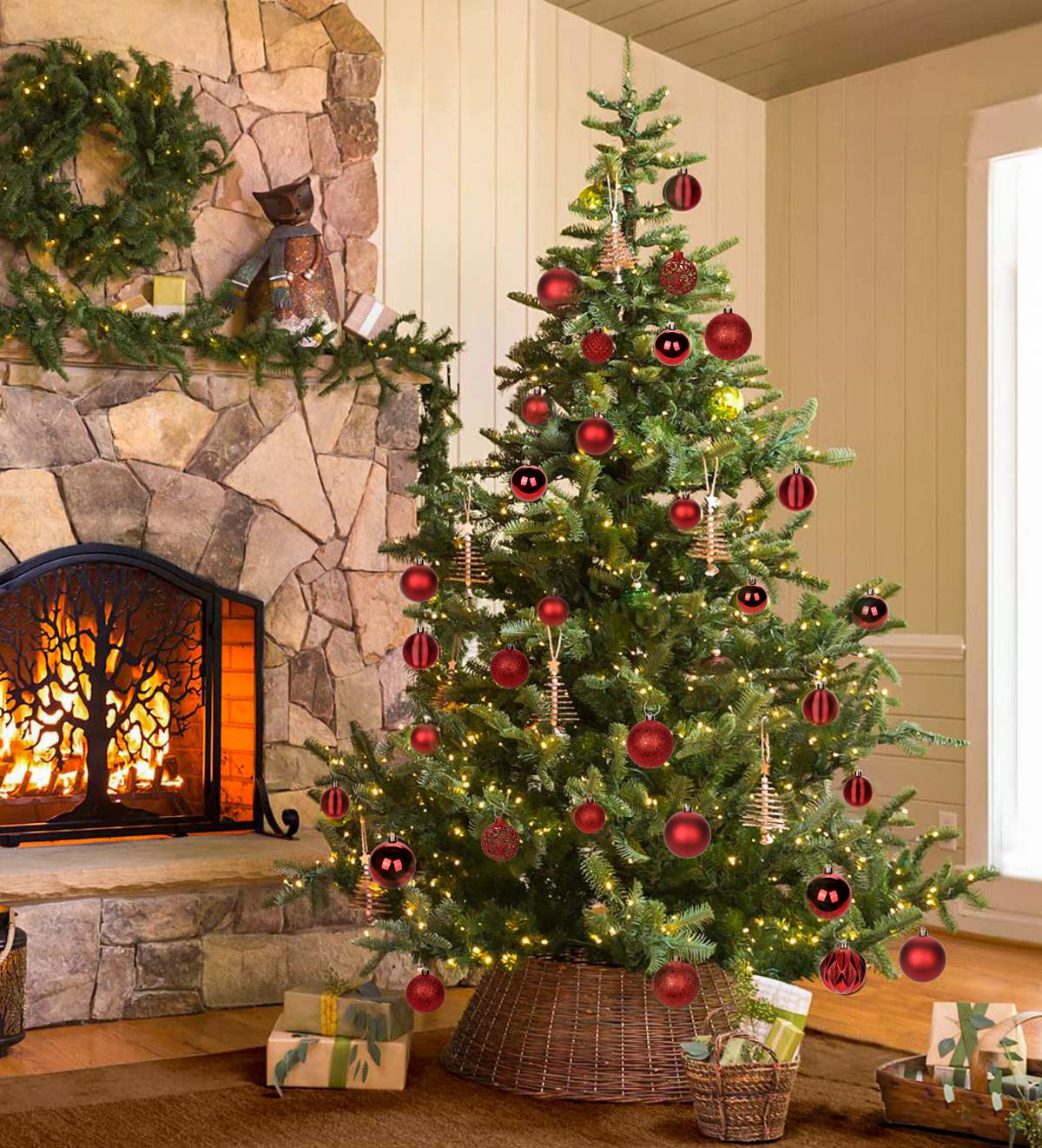 12-Piece Shatterproof Christmas Ball Ornaments Set - 1.6 Inch Plastic Tree Decorations In Rose Candy Red & Gold, 4 Finish Styles - View #10