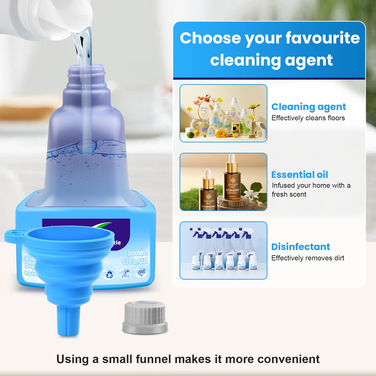 Flacone di ricambio da 500 ml per Flash® Power Spray Mop™, ricaricabile, senza perdite, in HDPE, con 6 cuscinetti sigillanti e 1 imbuto pieghevole