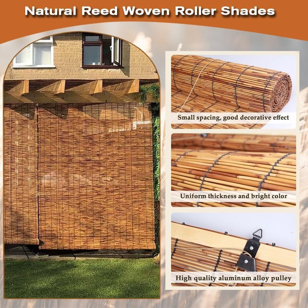 Bamboo Roll-Up Blind Shades Cordless Patio Roller Outdoor Bamboo Roman Shades, Blackout Anti-UV and Waterproof Privacy, Lifting,72" W x 59" H