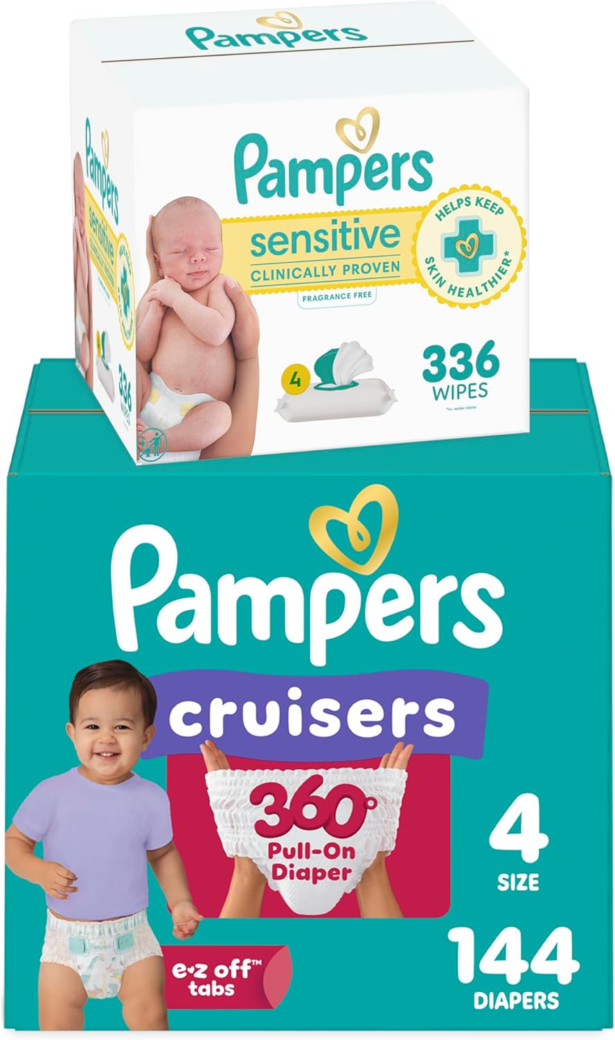 Pampers Pull On Cruisers 360° Fit Disposable Baby Diapers Size 4, One Month Supply (144 Count) with Sensitive Water Based Baby Wipes 6X Pop-Top Packs (336 Count)