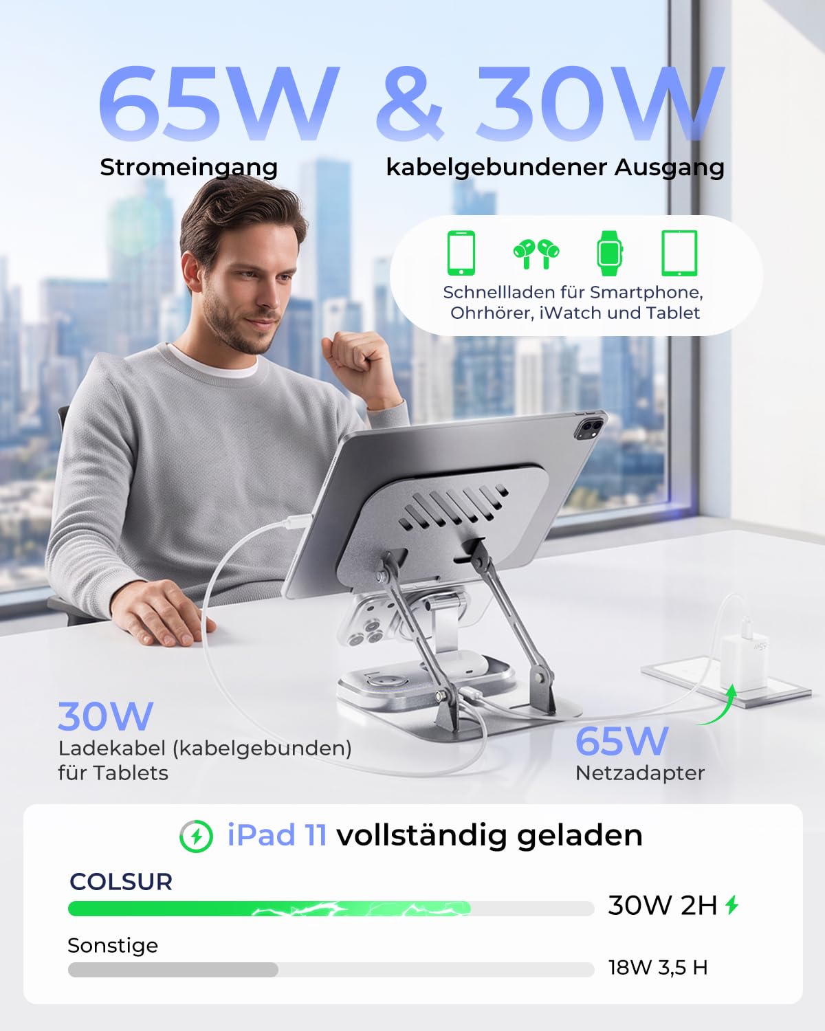 COLSUR 65W Station de Charge 5en1 pour Apple, 30W USB-C, Support PC Pliable