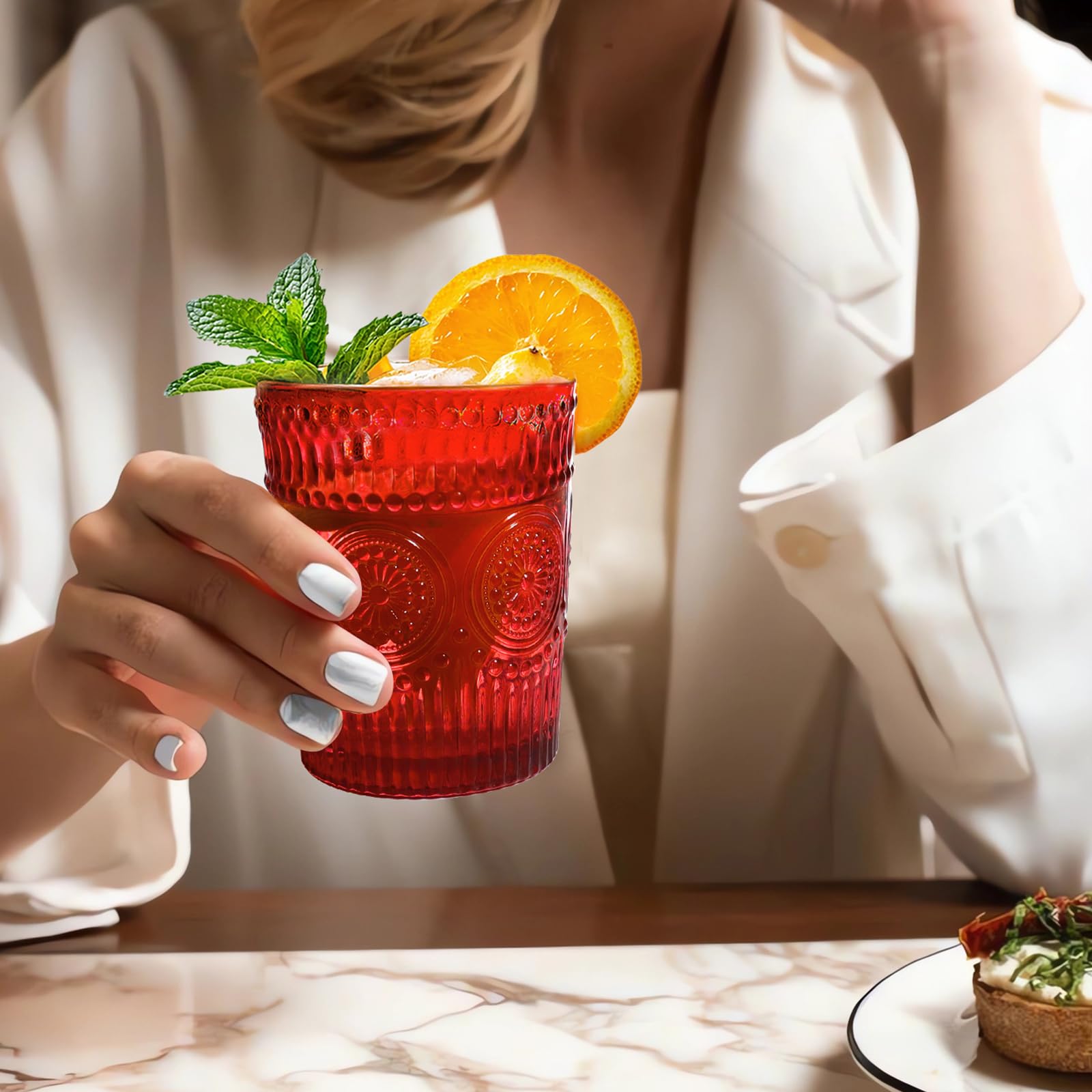 Loivttvv Lot de 12 verres à boire vintage de 355 ml et verres côtelés en relief de 255 ml pour cocktail, eau, jus, café, whisky (rouge)