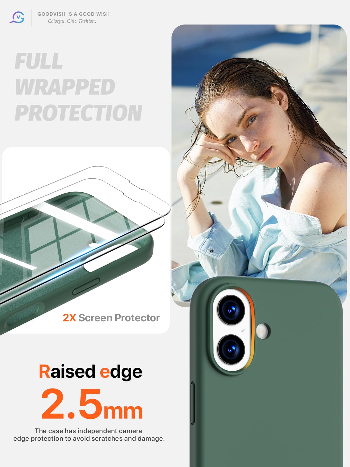 GOODVISH 3 in 1 Silicone Cover per iPhone 17 6.3", Custodia con 2 Pellicola Vetro Temperato [Protezione Fotocamera] 360° Protezione Anticaduta Case per Cellulare Antiurto Resistente, Verde Pino