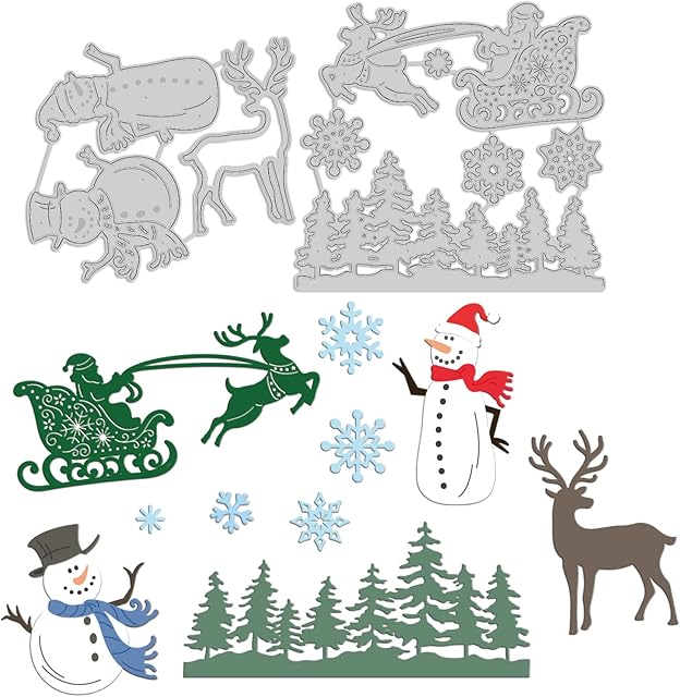 GLOBLELAND 2Pcs Christmas Santa Cutting Dies Metal Forest Snowflake Snowman Sleigh Reindeer Die Cuts Embossing Stencils for Paper Card Making Decoration DIY Scrapbooking Album Craft Decor