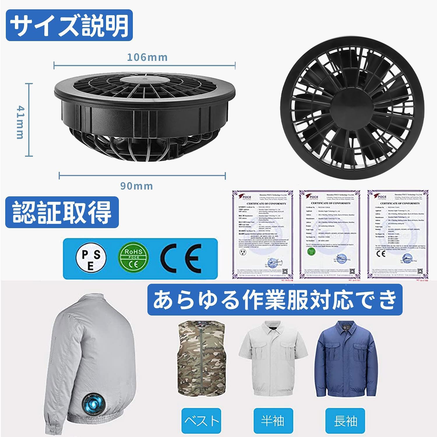 Amazon.co.jp: AYUAN 空調作業服用のファン 扇風機 作業着用 羽9